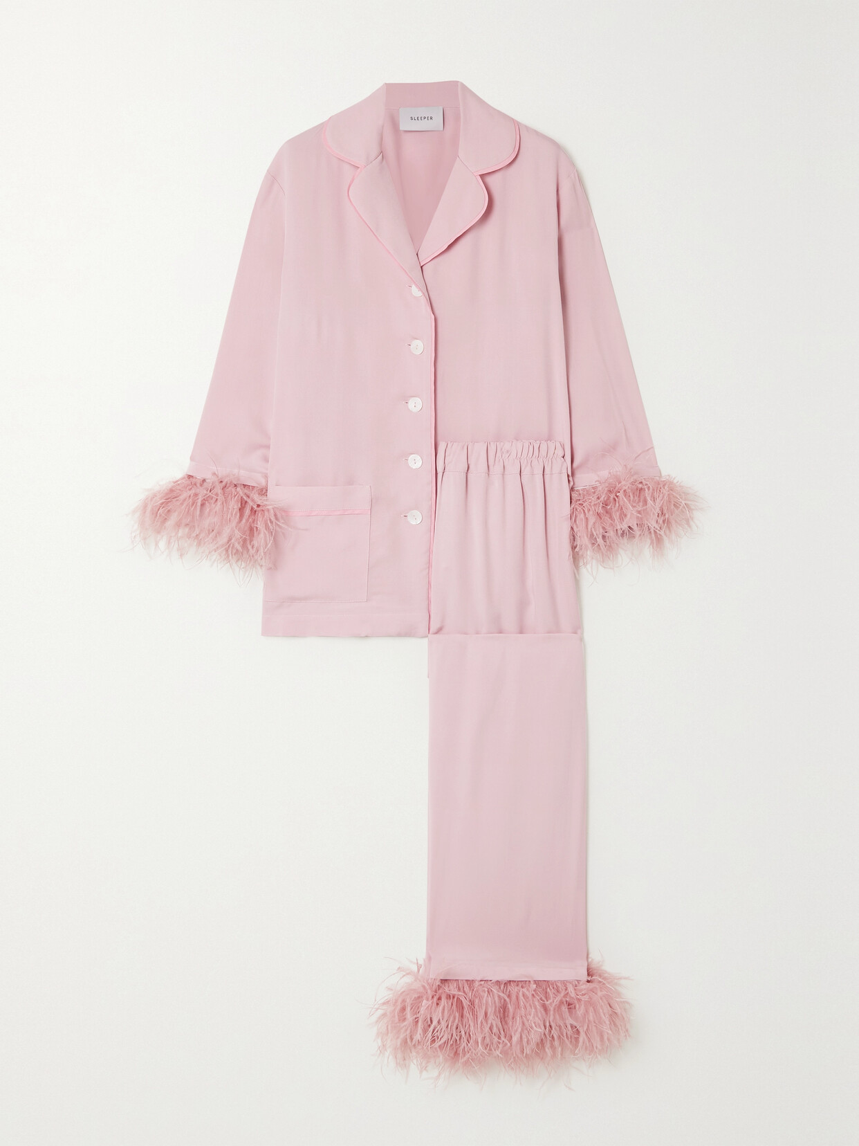 Sleeper - + Net Sustain Feather-trimmed Crepe De Chine Pajama Set - Pink