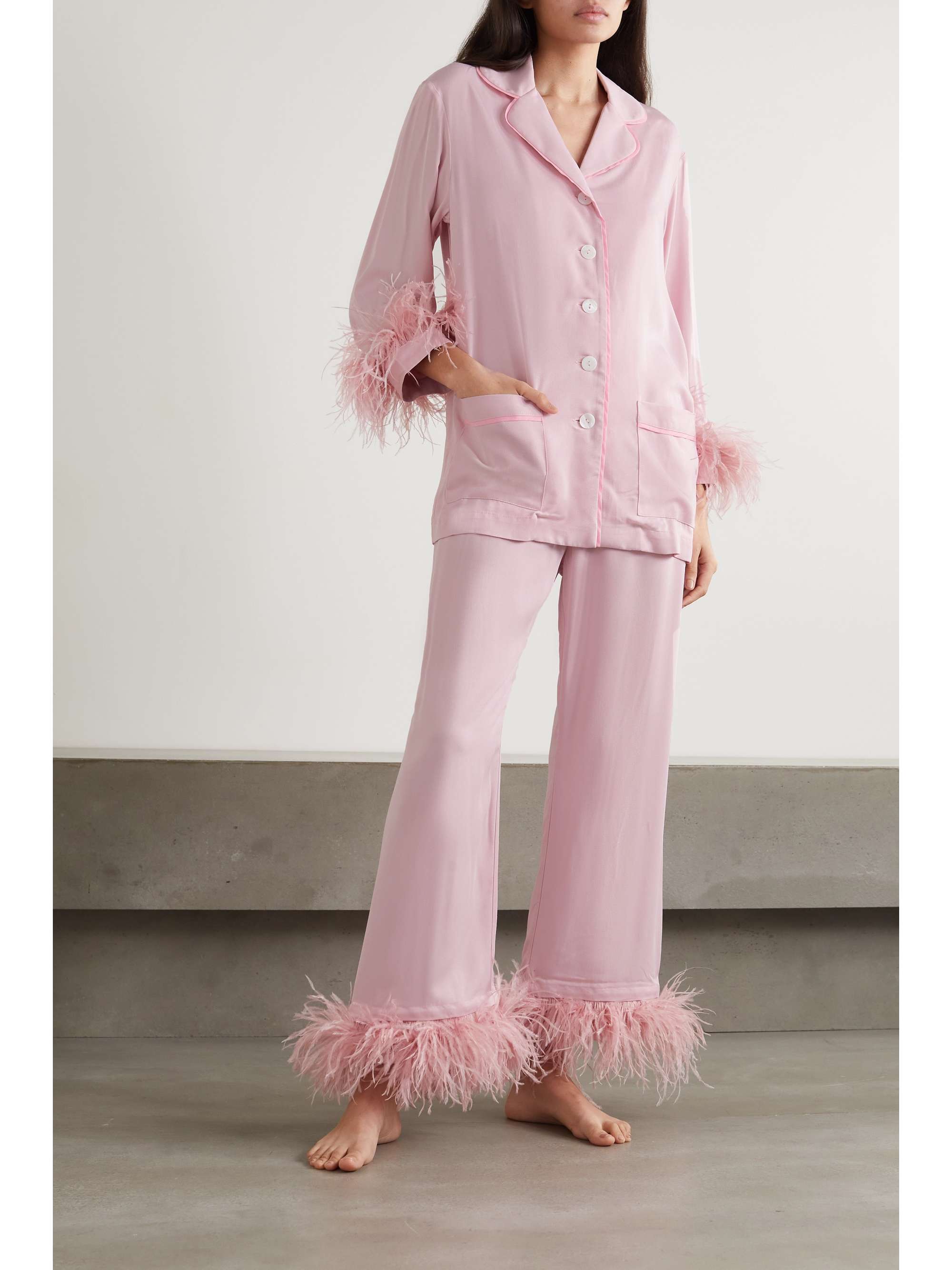 + NET SUSTAIN feather-trimmed crepe de chine pajama set