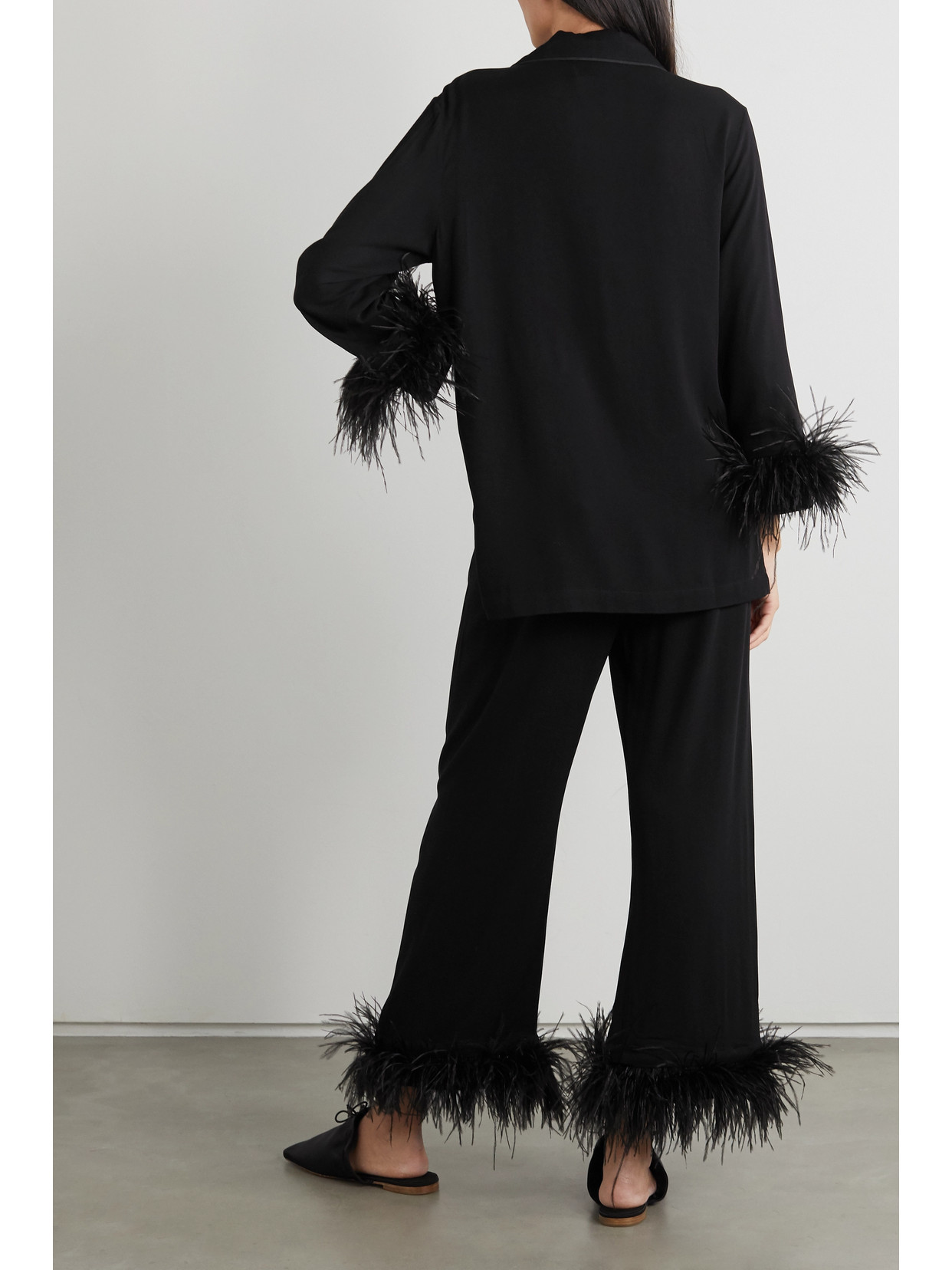 Shop Sleeper + Net Sustain Feather-trimmed Crepe De Chine Pajama Set In Black