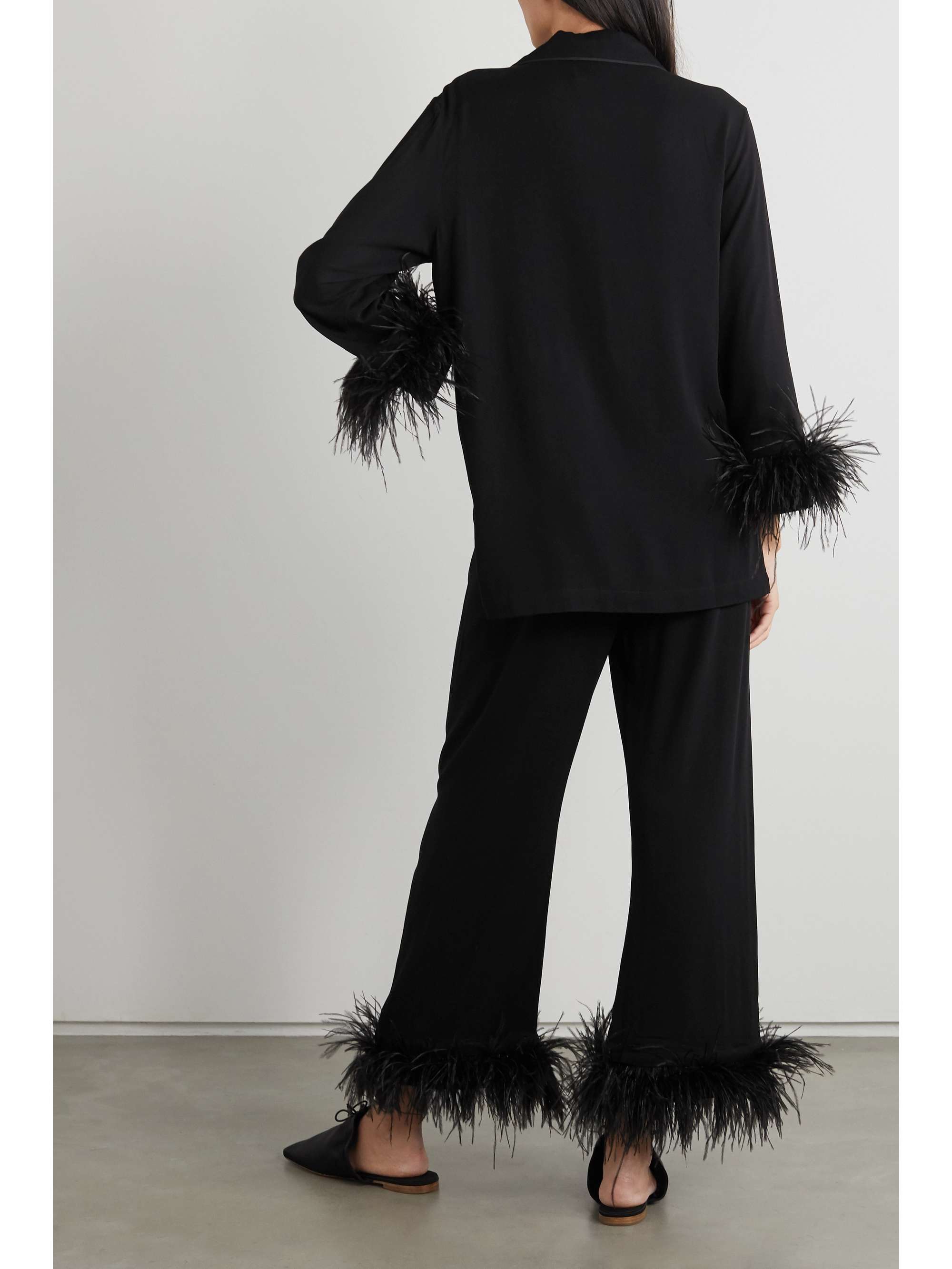 SLEEPER + NET SUSTAIN feather-trimmed crepe de chine pajama set