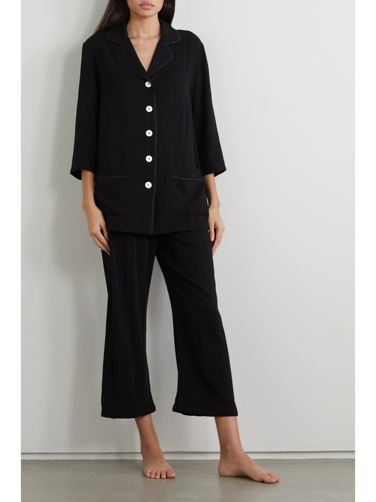 Shop Sleeper + Net Sustain Feather-trimmed Crepe De Chine Pajama Set In Black