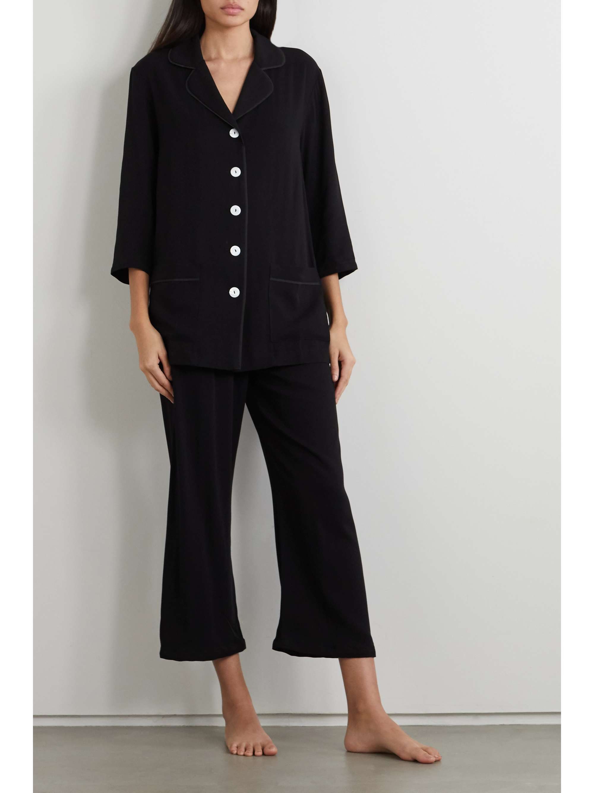 SLEEPER + NET SUSTAIN feather-trimmed crepe de chine pajama set