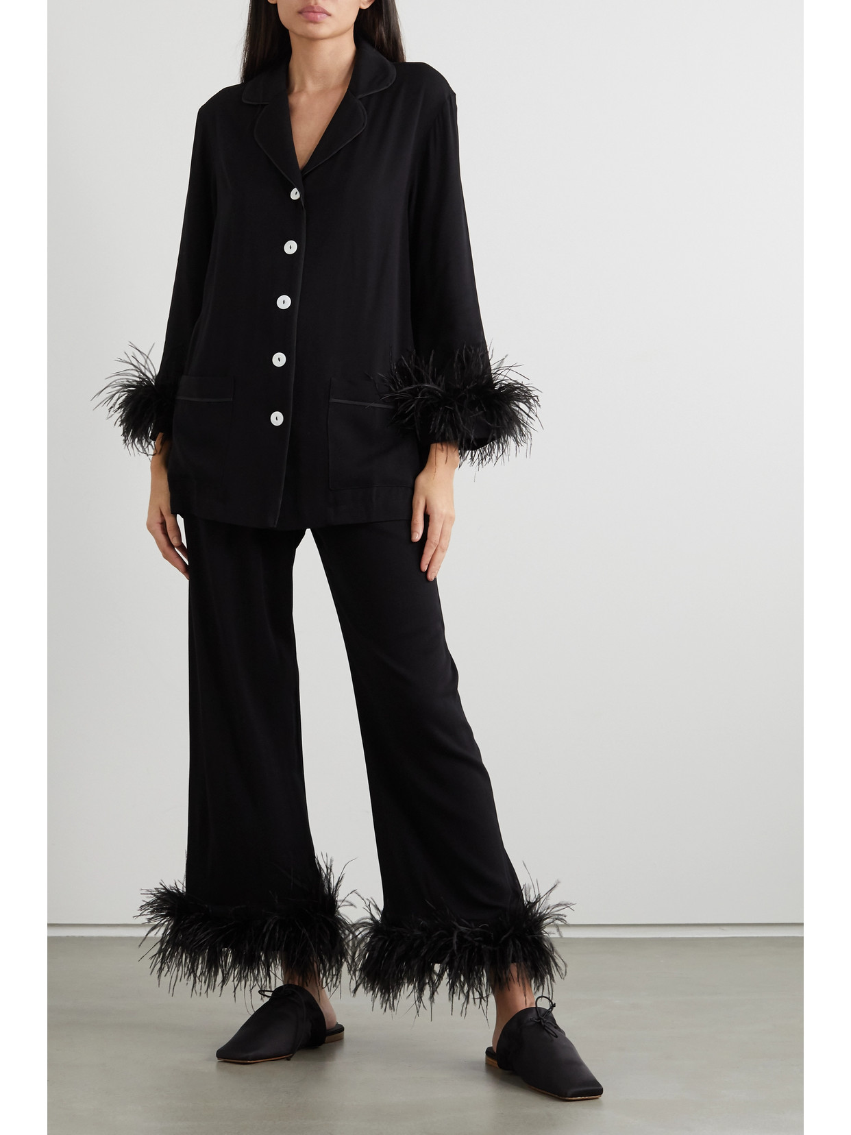 Shop Sleeper + Net Sustain Feather-trimmed Crepe De Chine Pajama Set In Black