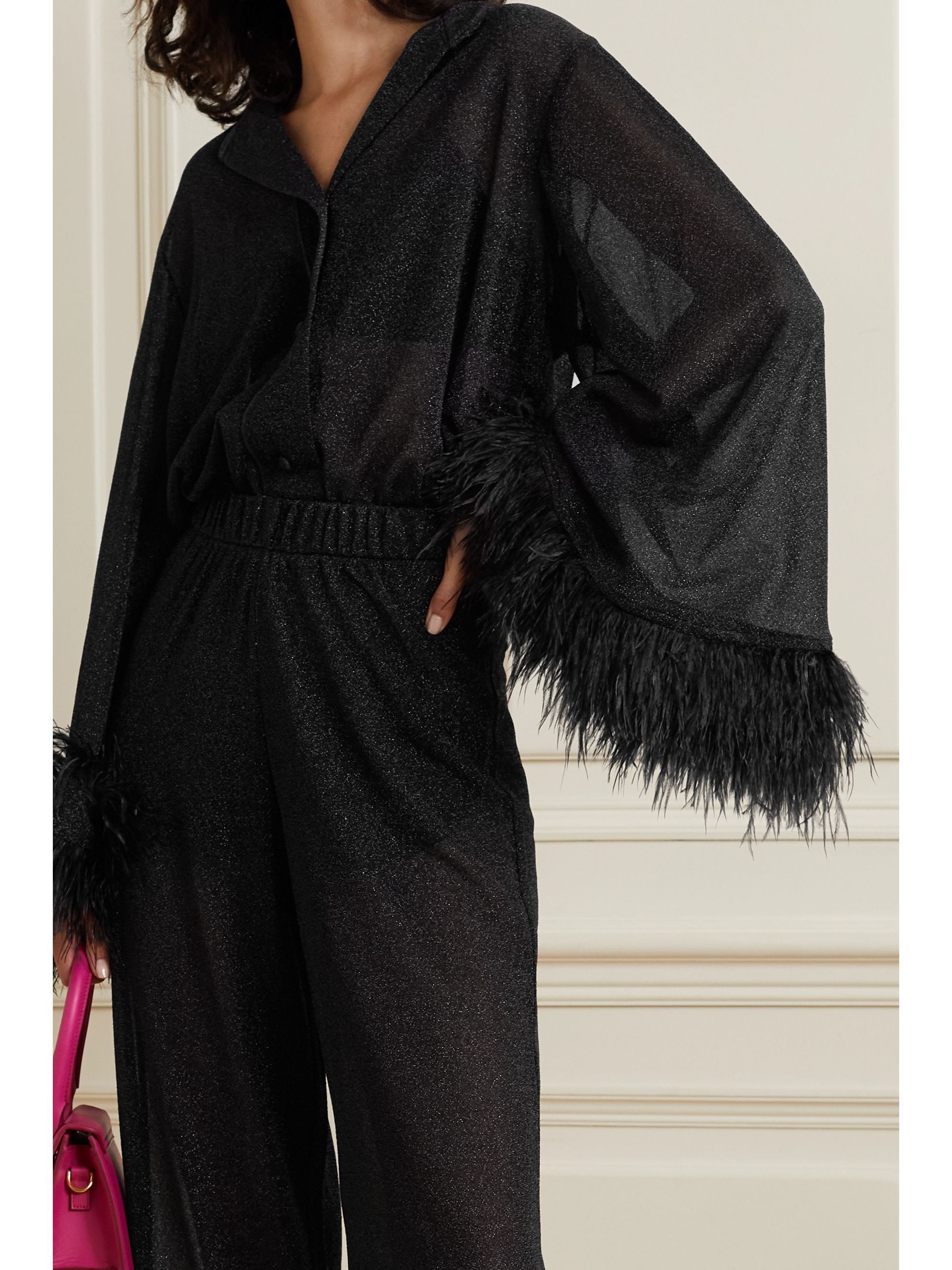 OSÉREE Lumière feather-trimmed stretch-Lurex shirt, £395
