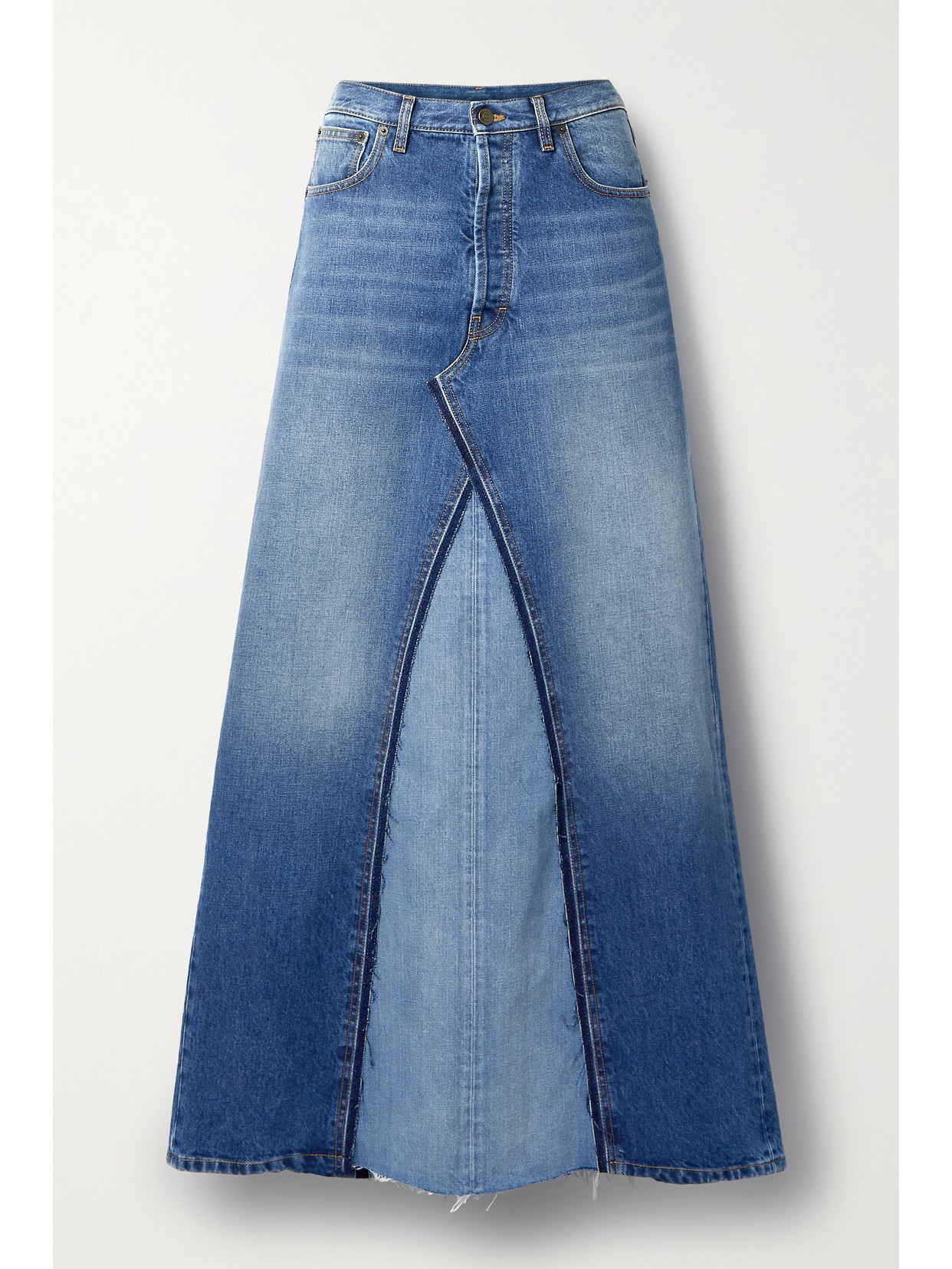 MAISON MARGIELA DISTRESSED TWO-TONE DENIM MAXI SKIRT