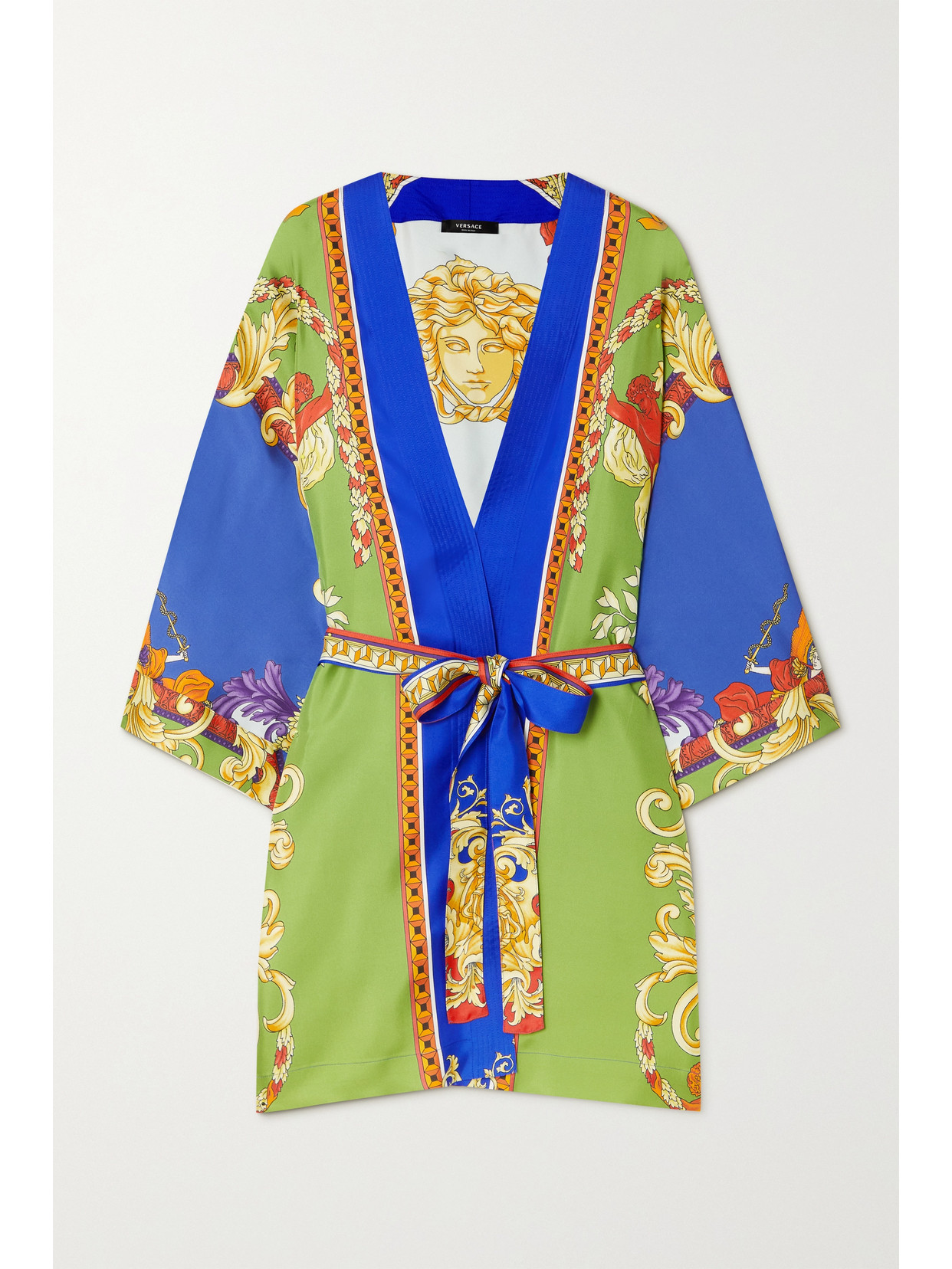 VERSACE BELTED PRINTED SILK-TWILL ROBE