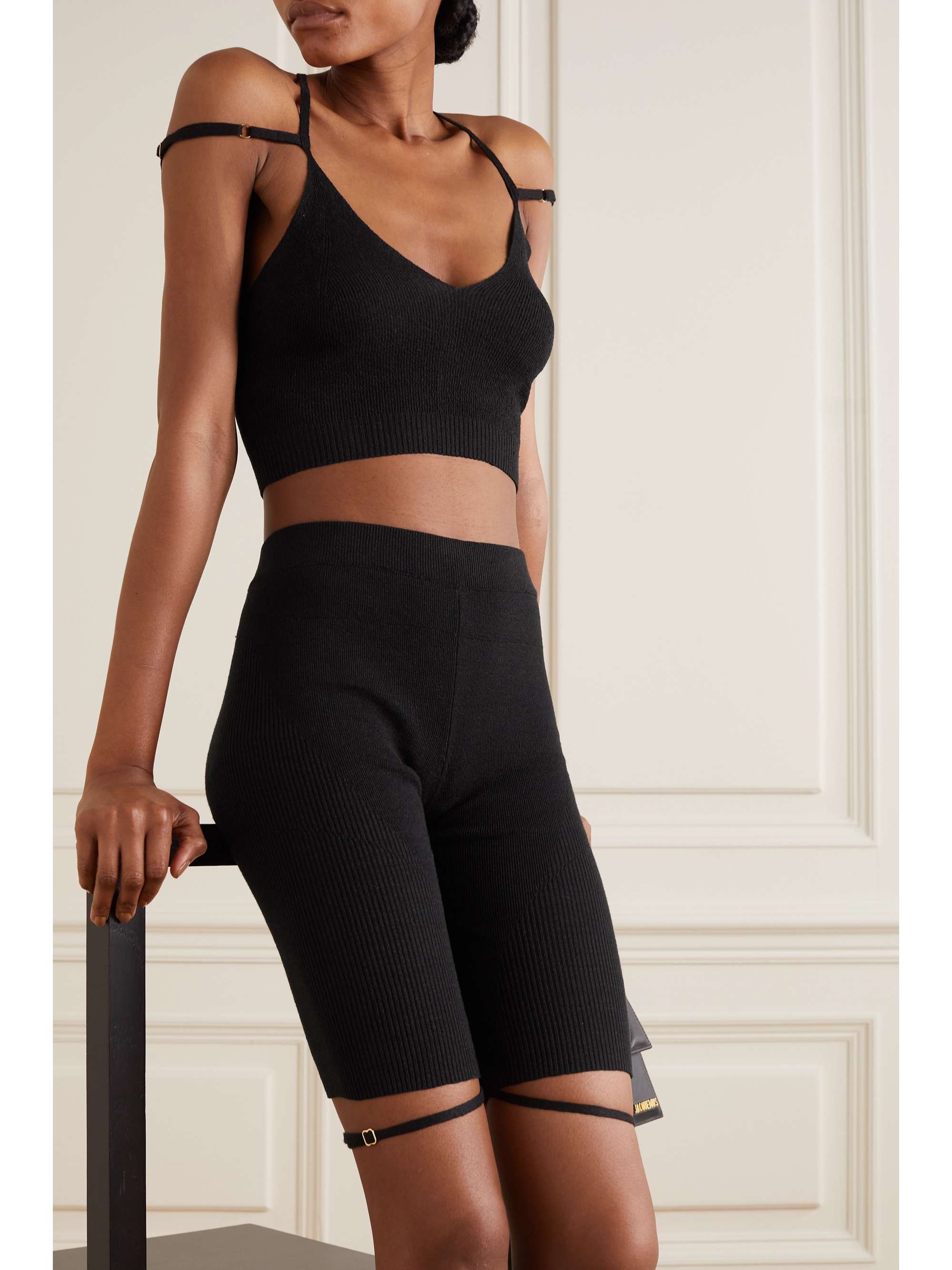 Black Cropped cold-shoulder linen top 