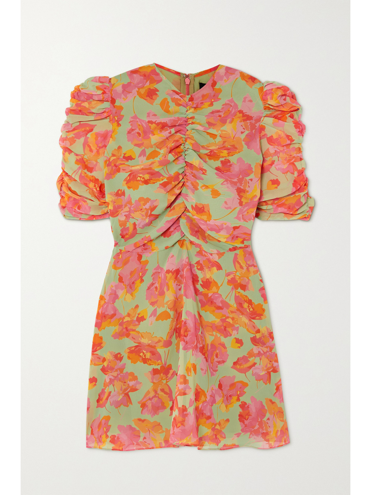 DE LA VALI Bambi Ruched Floral-print Recycled Georgette Mini Dress