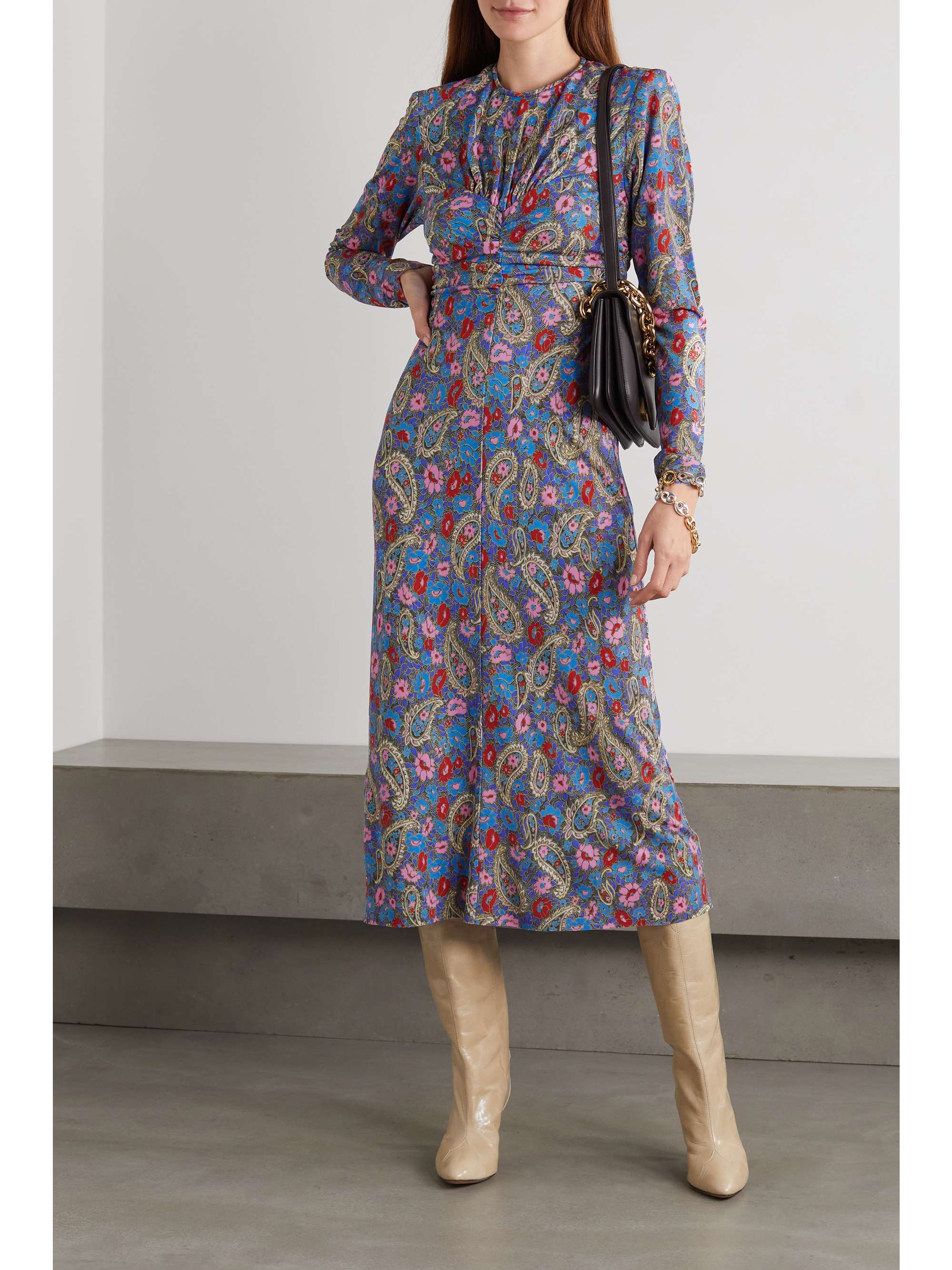 Blue Linario gathered floral-print stretch-jersey midi dress | ISABEL ...