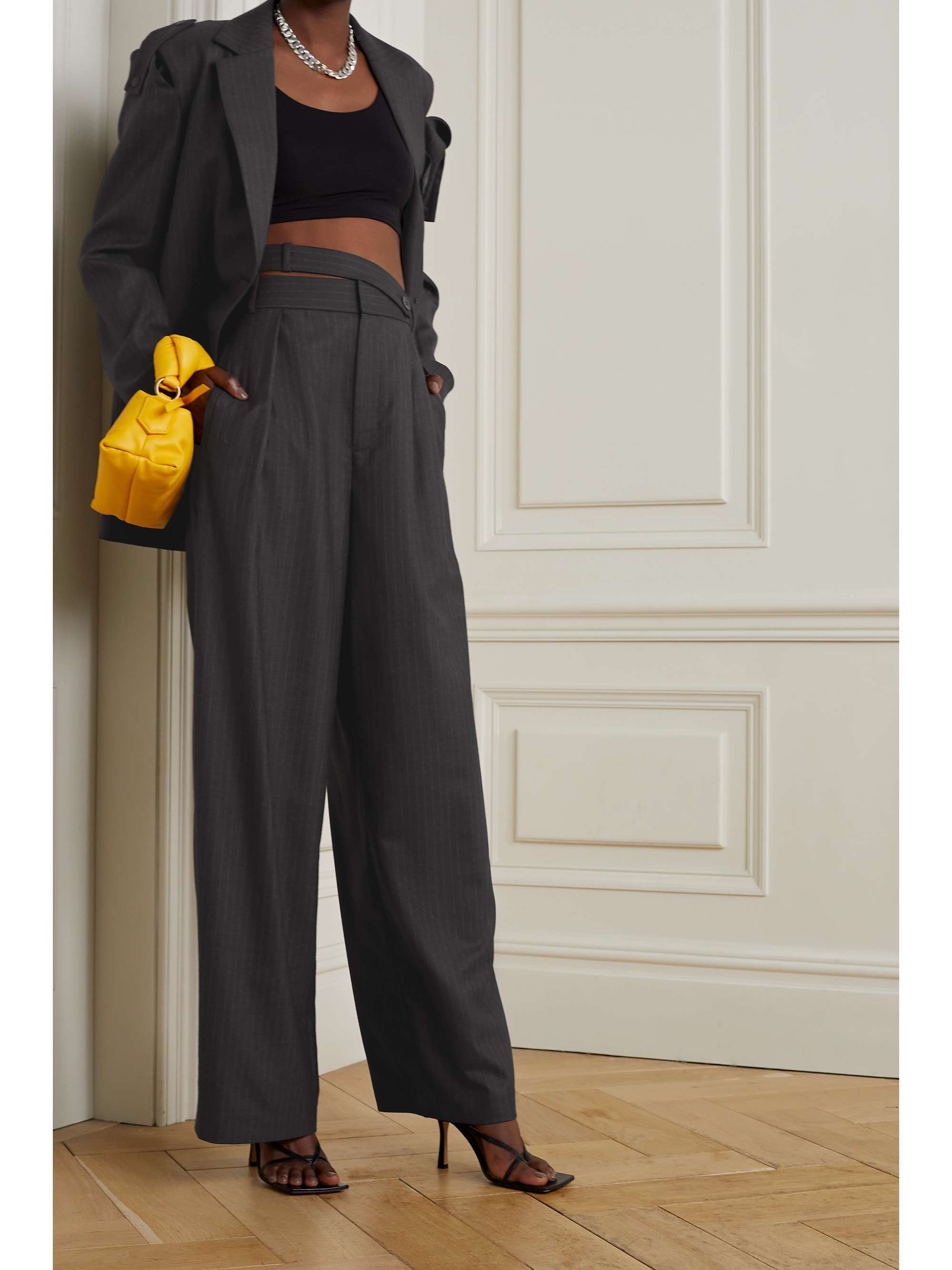 Charcoal Everett belted pinstriped wool 