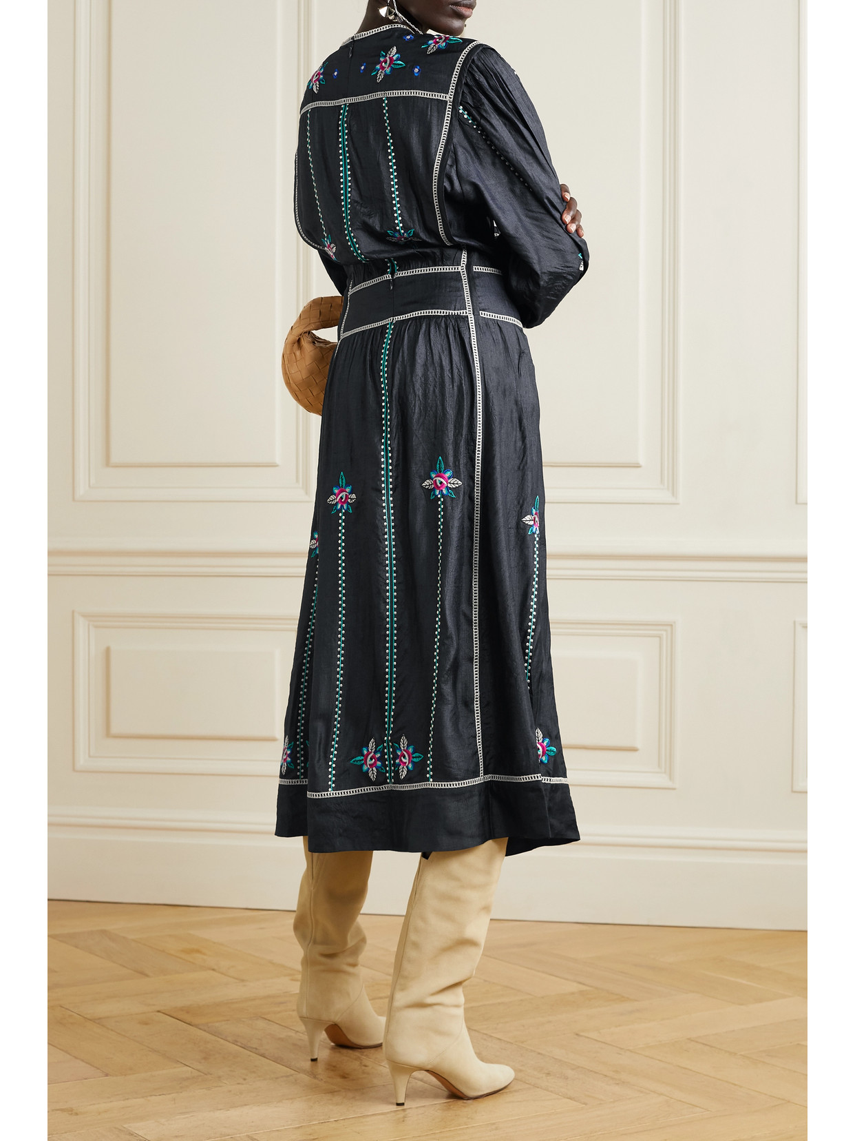 Isabel Marant Caroline Floral-embroidered Silk Midi Dress In Gray