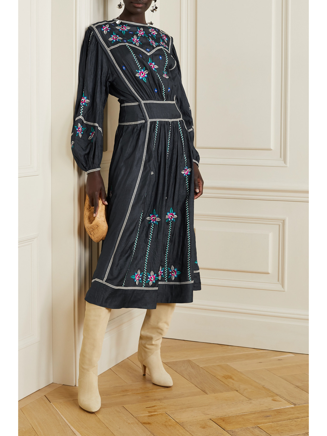 Isabel Marant Caroline Floral-embroidered Silk Midi Dress In Gray