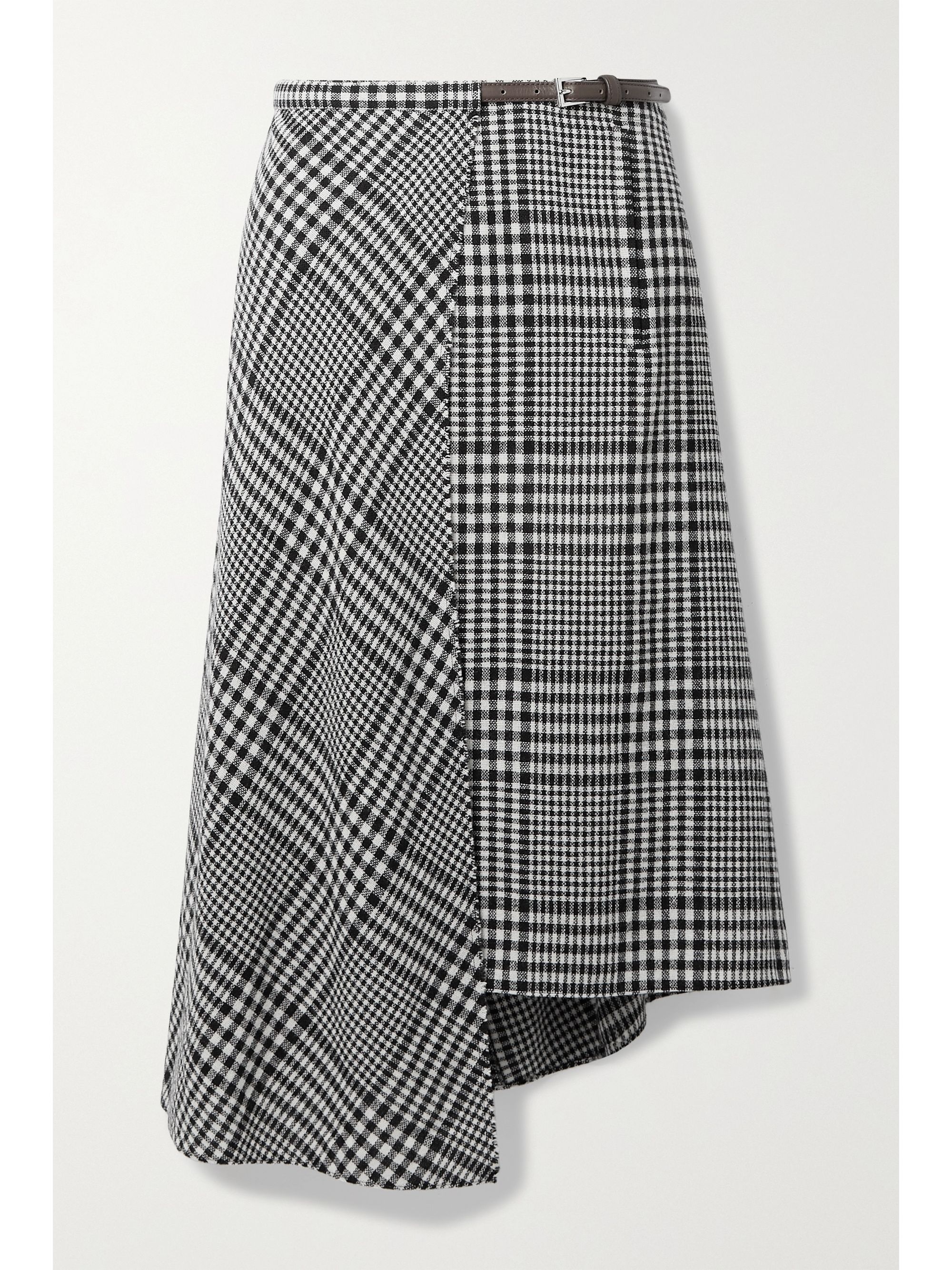 TIBI + NET SUSTAIN Sterling leather-trimmed checked wool-blend wrap midi skirt