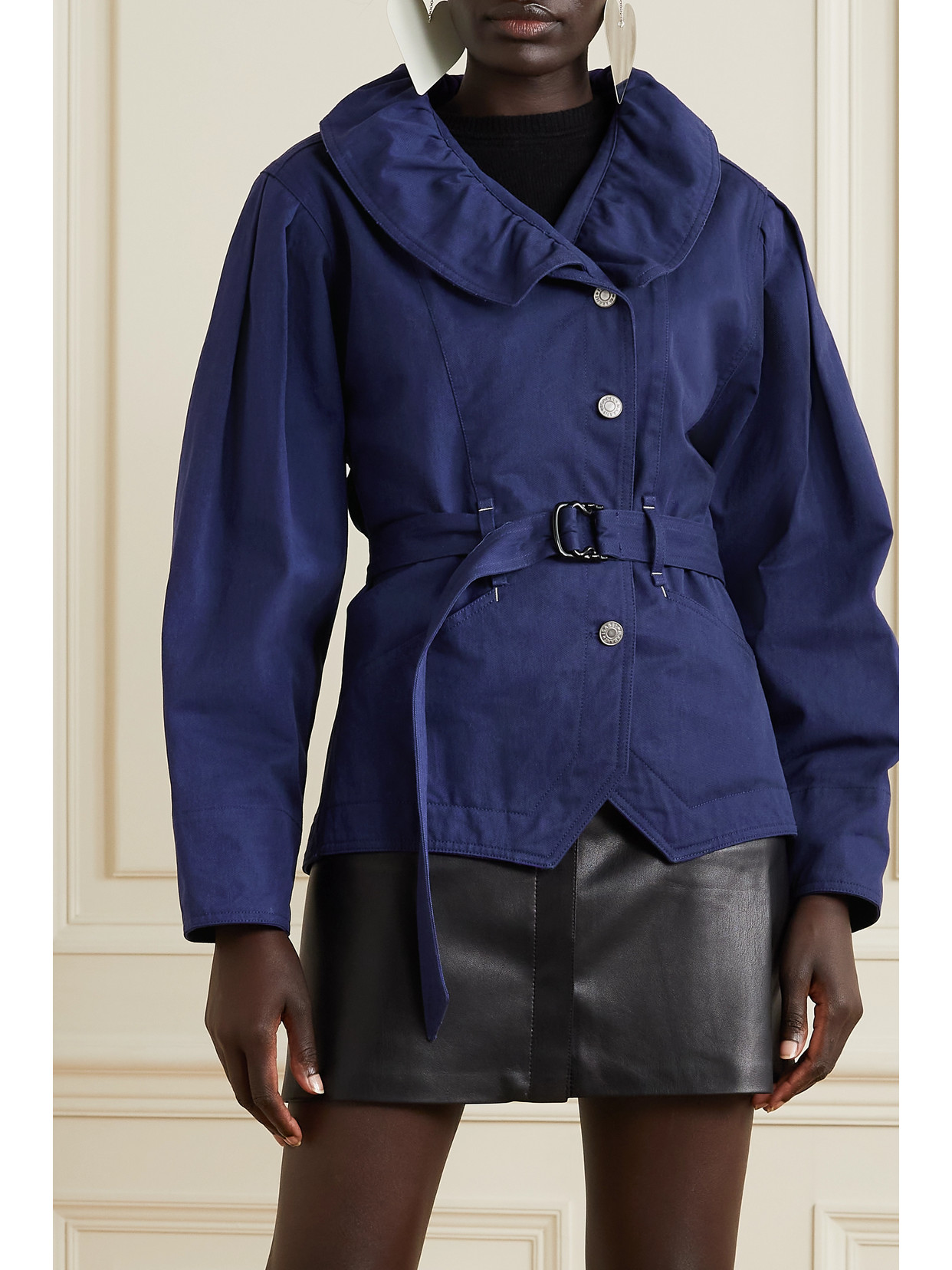 Isabel Marant Dipazo Ruffled Belted Cotton-twill Jacket In Blue