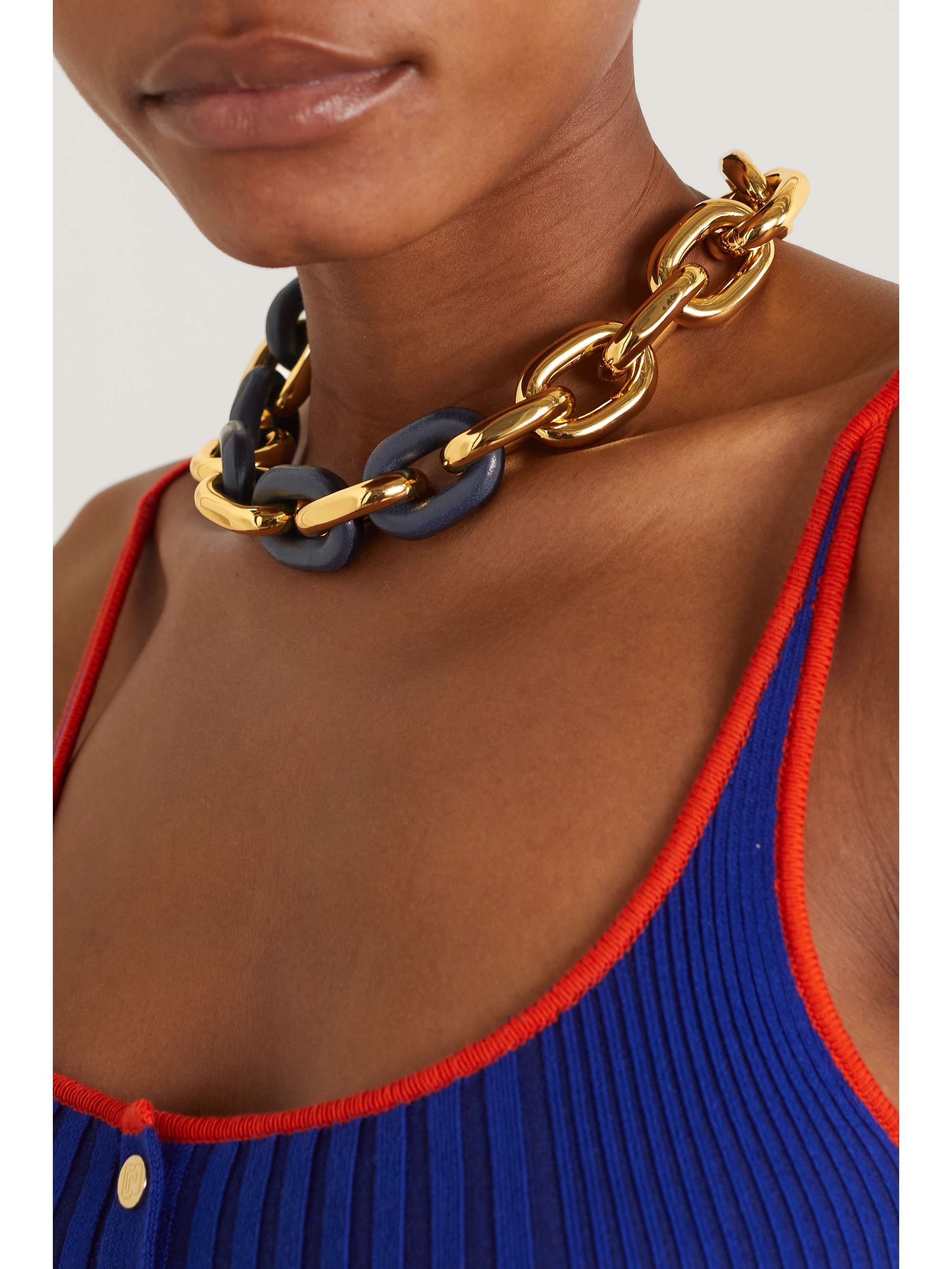 Navy XL Link gold-tone and leather necklace | PACO RABANNE | NET-A-PORTER
