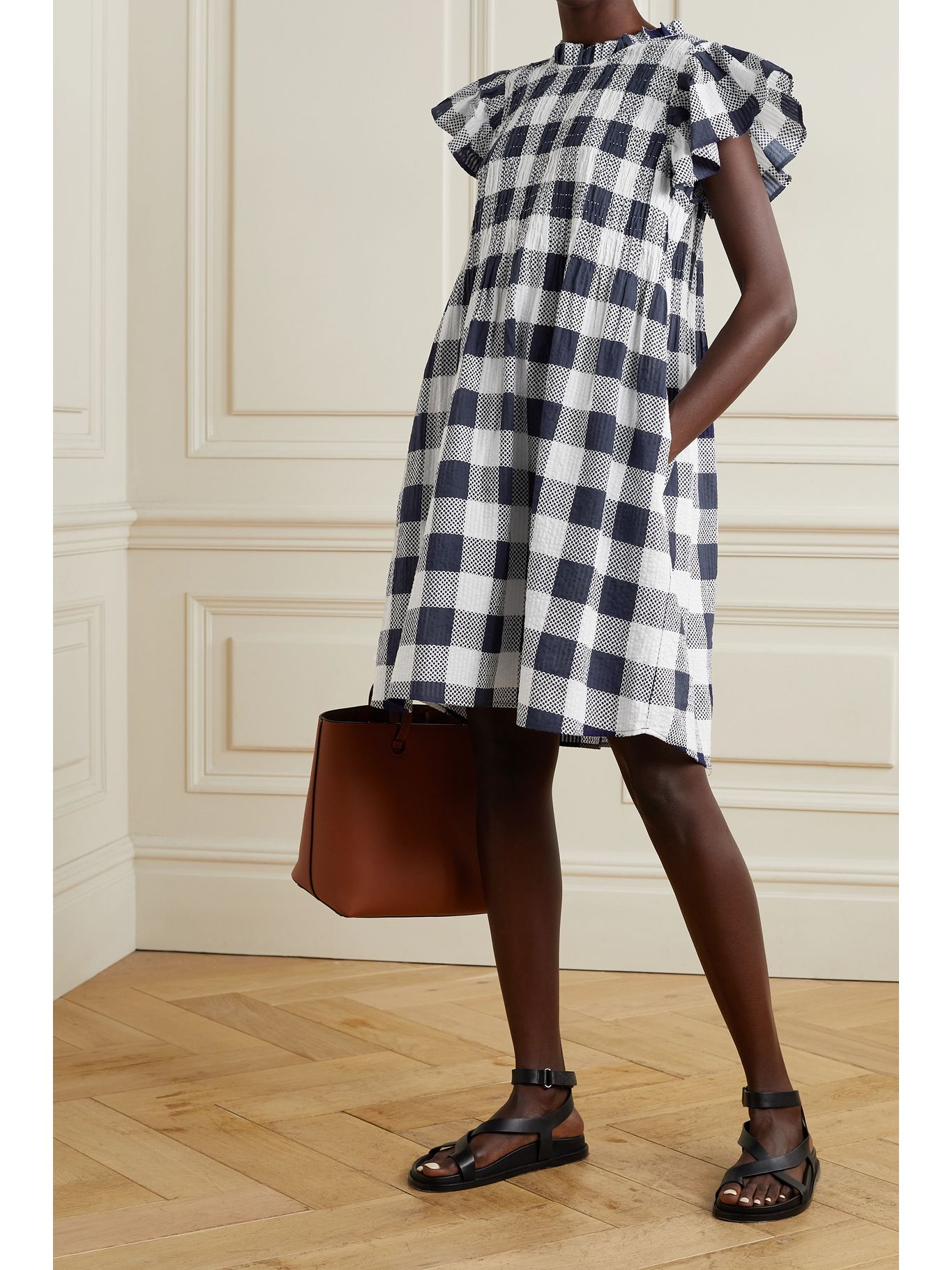 SEA Morgan navy & white smocked checked cotton-gauze mini dress, £390