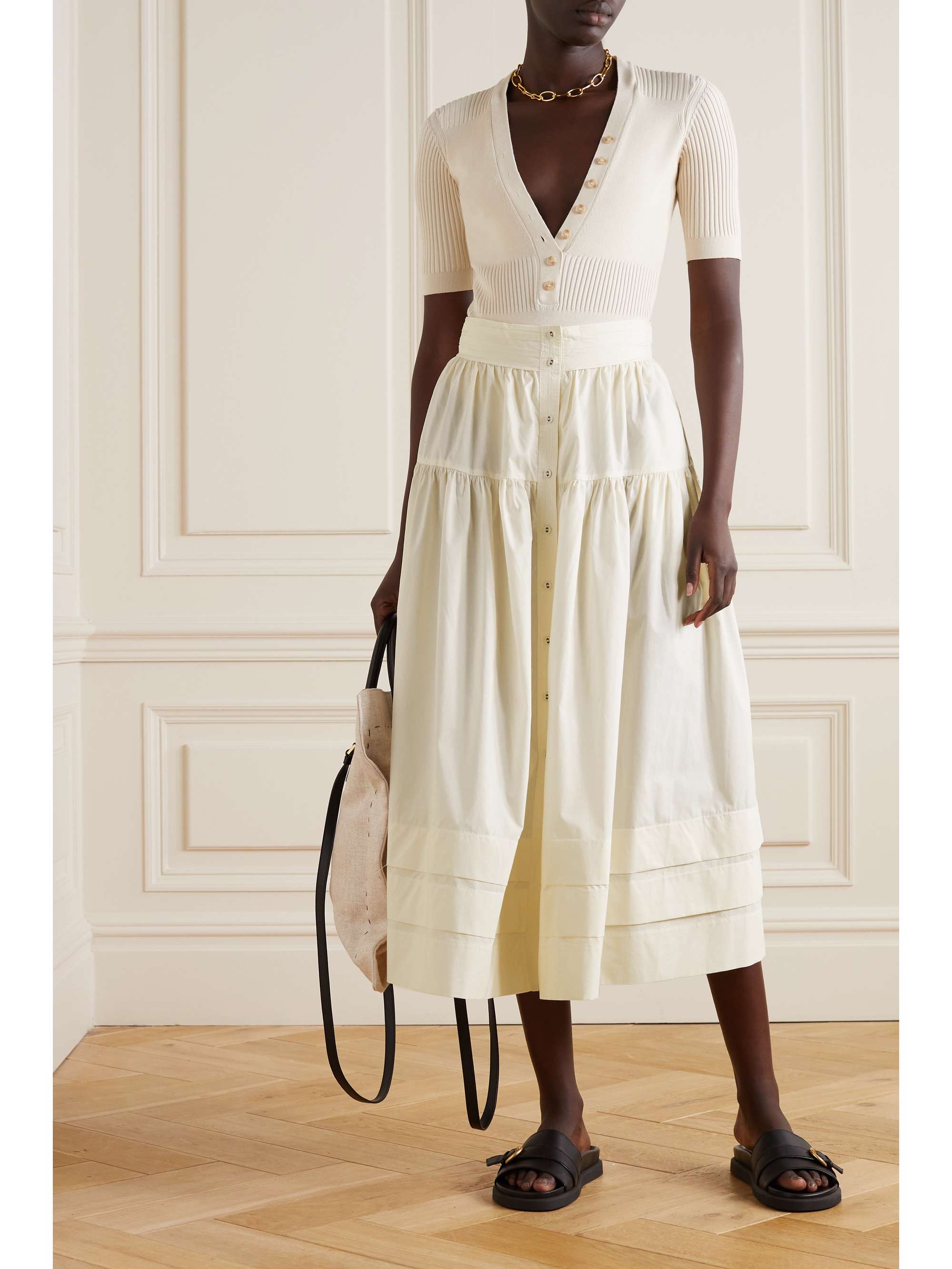 ULLA JOHNSON Jacinta tiered cotton-poplin midi skirt