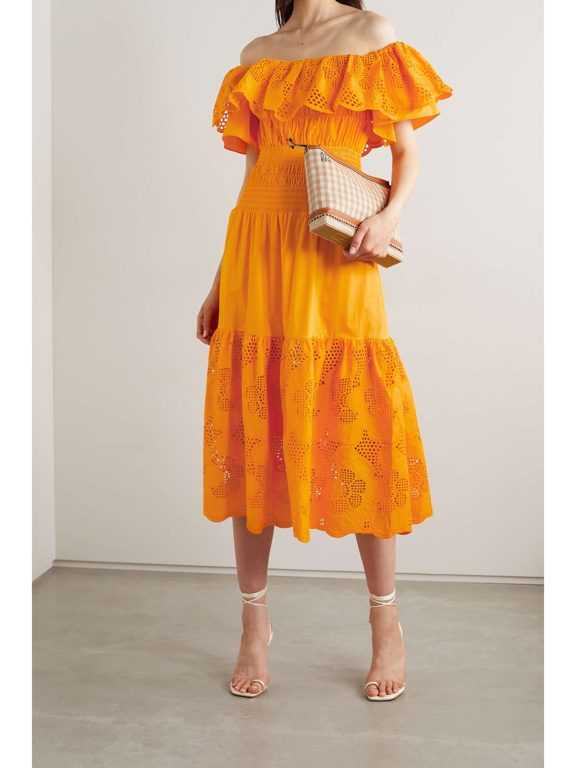 Orange Off-the-shoulder broderie ...