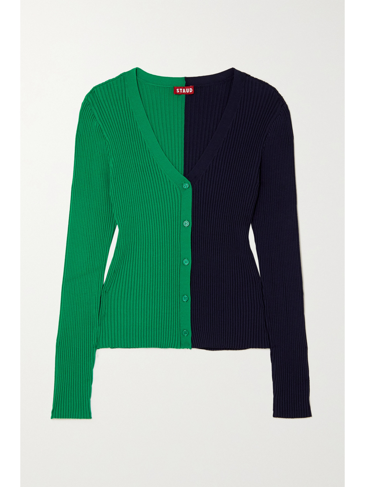 Staud Cargo Two-tone Ribbed-knit Cardigan In Blue
