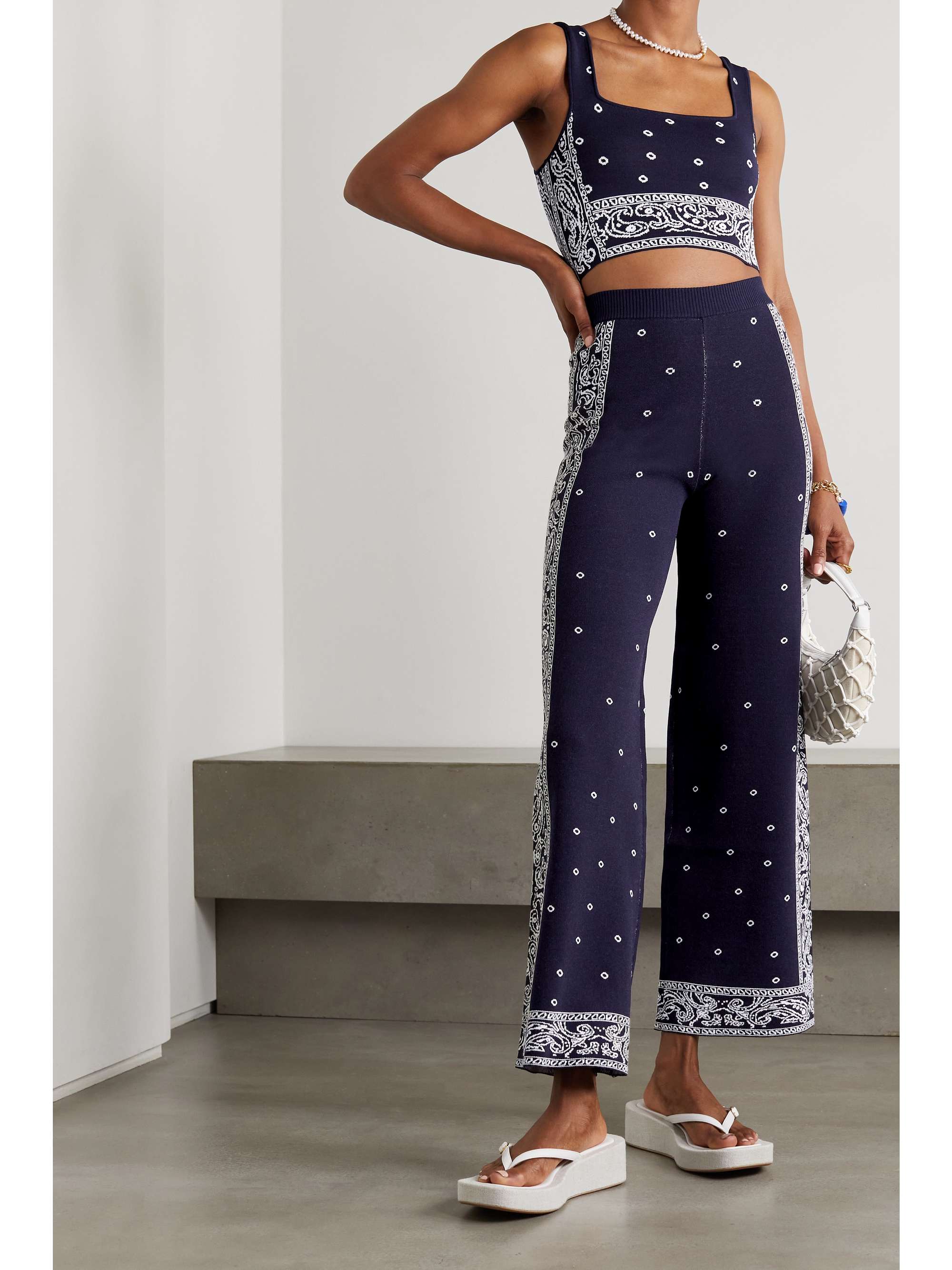 Navy Bravo intarsia-knit wide-leg pants 