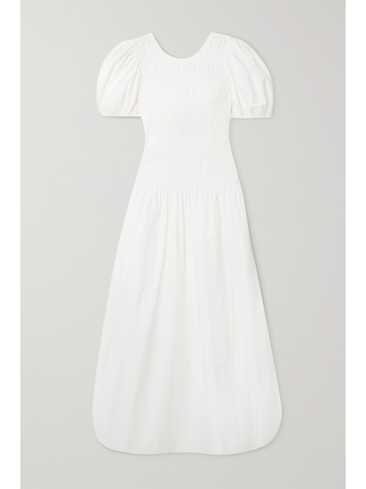 Ganni Smocked Organic Cotton-poplin Midi Dress In Bright White
