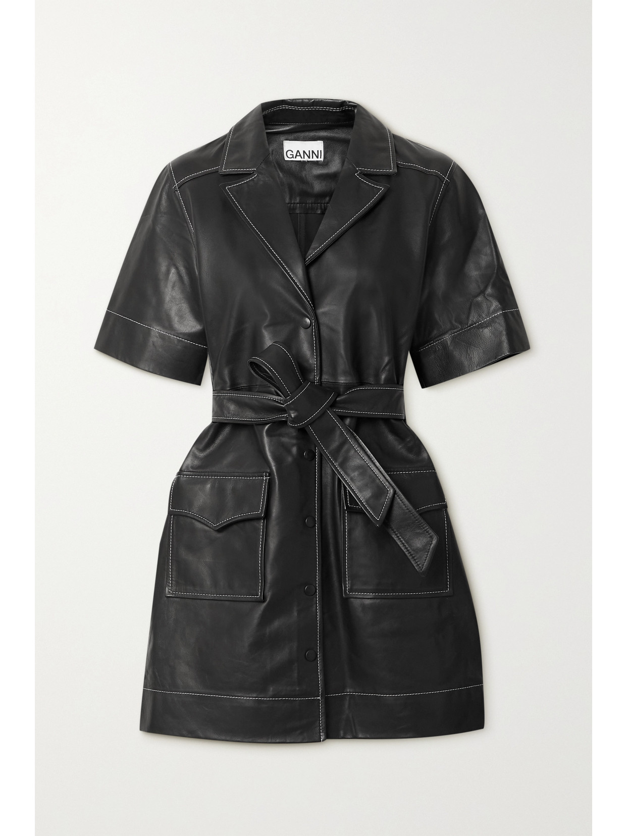 GANNI BELTED LEATHER MINI DRESS