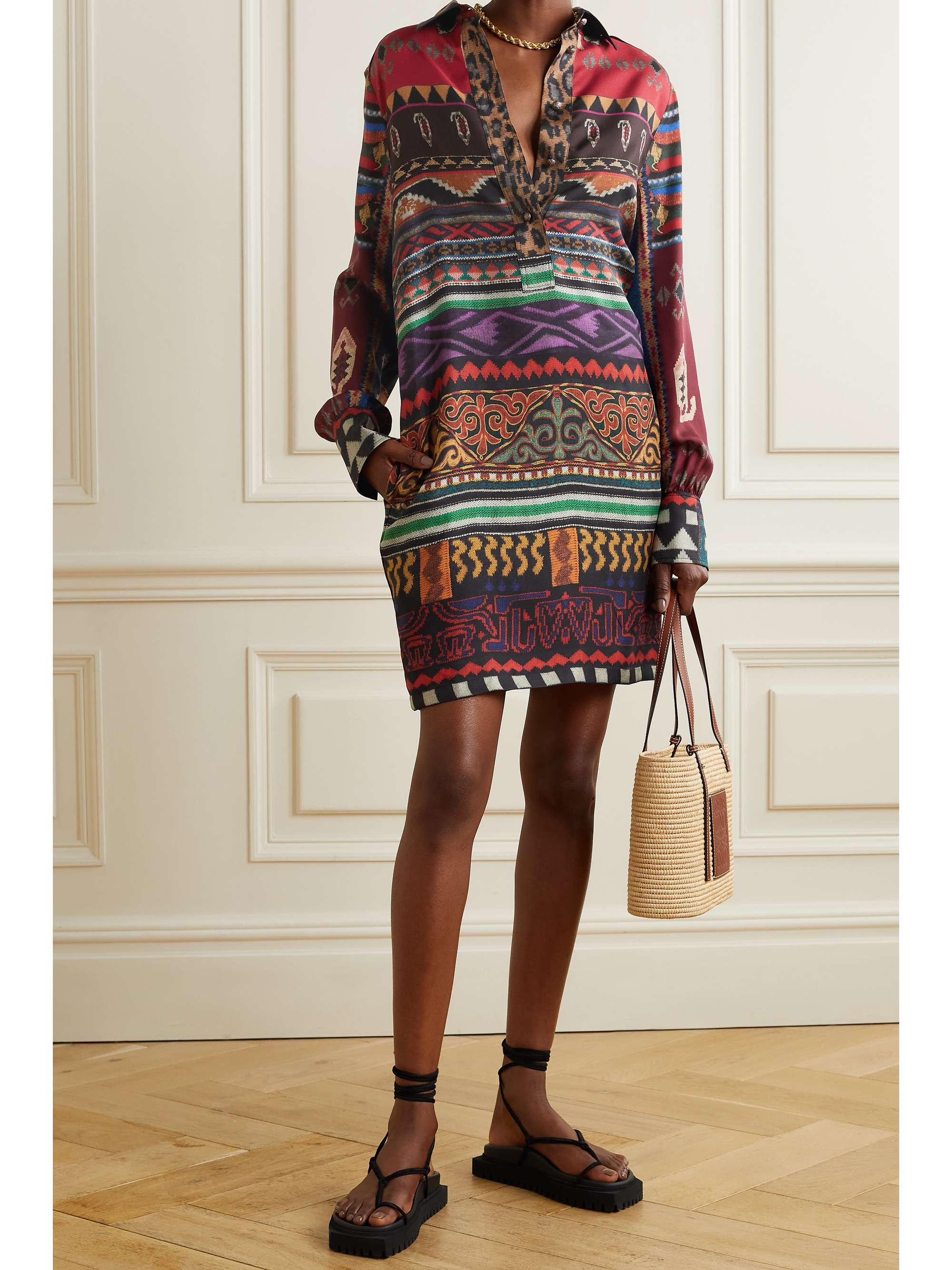 Black Printed silk-twill mini shirt 