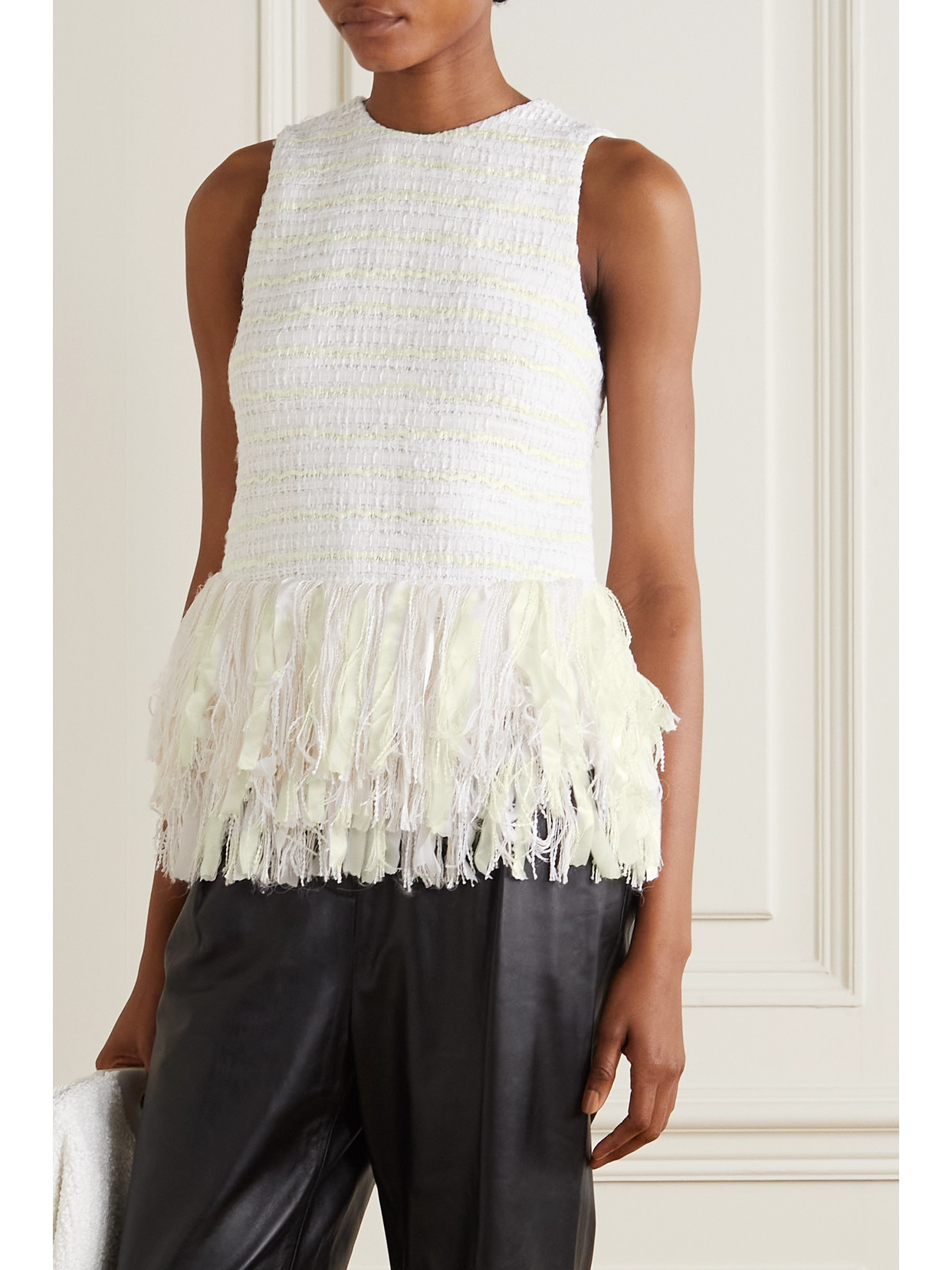 Shop Altuzarra Mathis Fringed Bouclé-tweed Peplum Top In Ivory