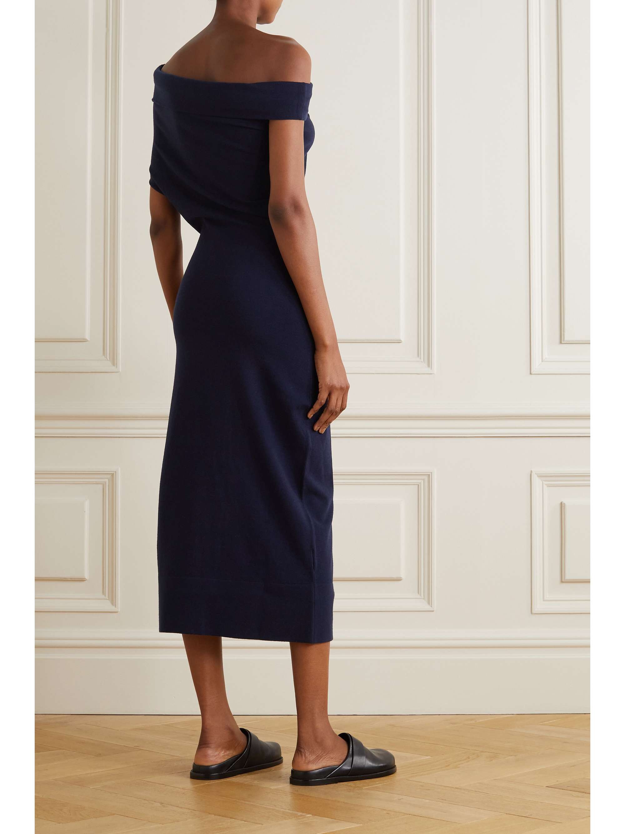 navy off the shoulder dress