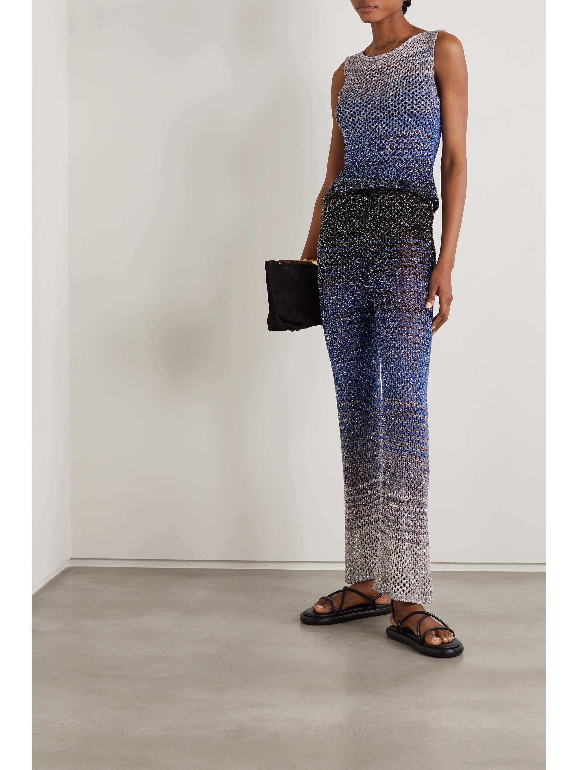 Blue Sequined striped metallic crochet 