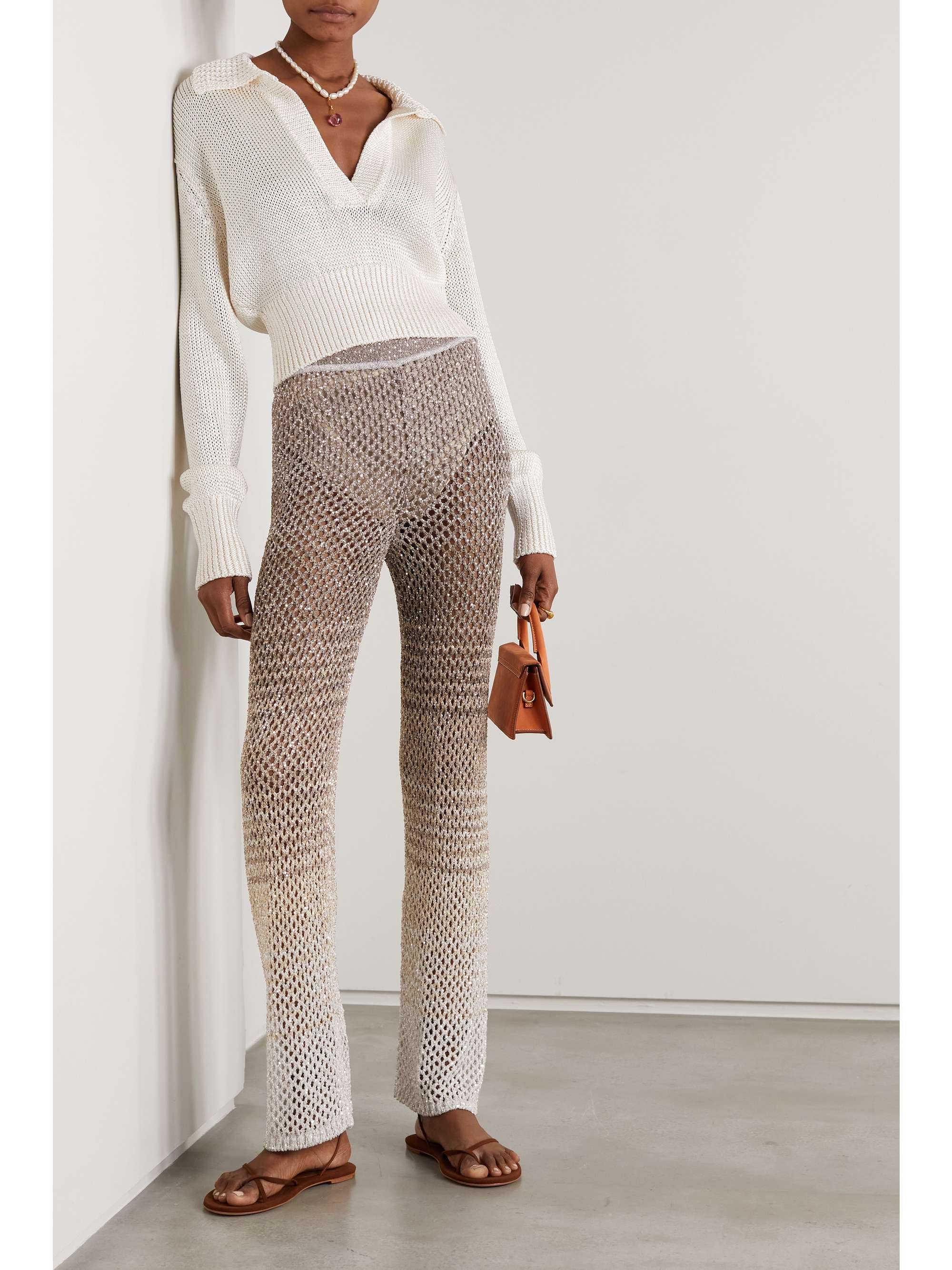 MISSONI Sequined striped metallic crochet-knit wide-leg