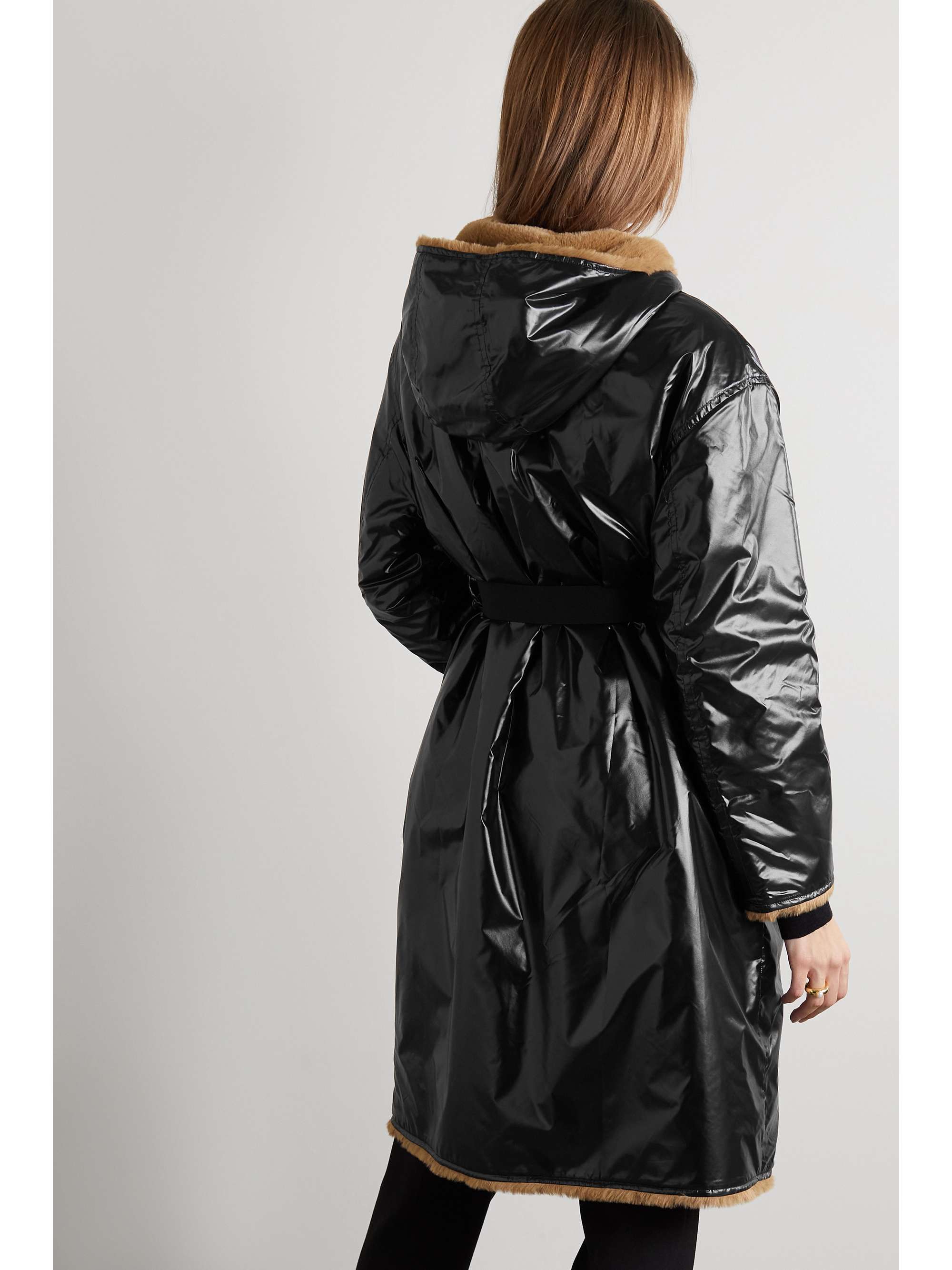 MONCLER Actee reversible hooded belted glossed-shell and faux shearling coat