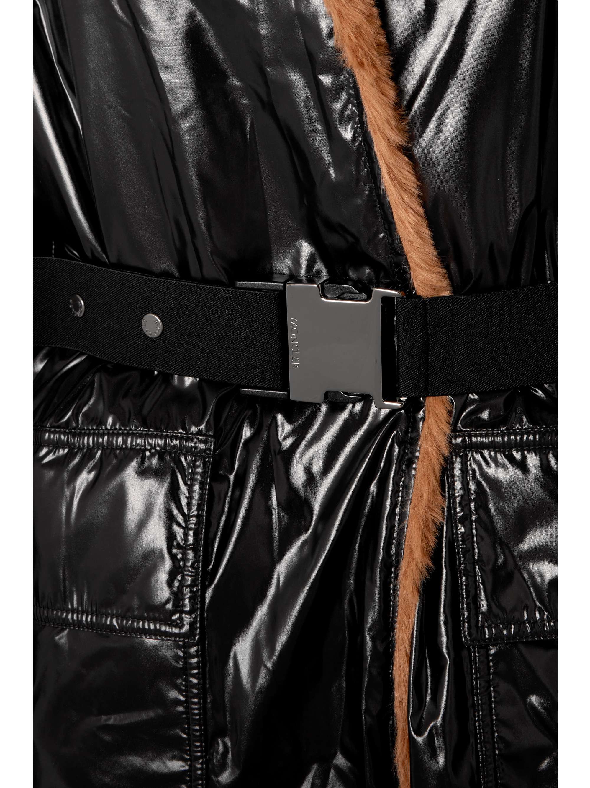 MONCLER Actee reversible hooded belted glossed-shell and faux shearling coat