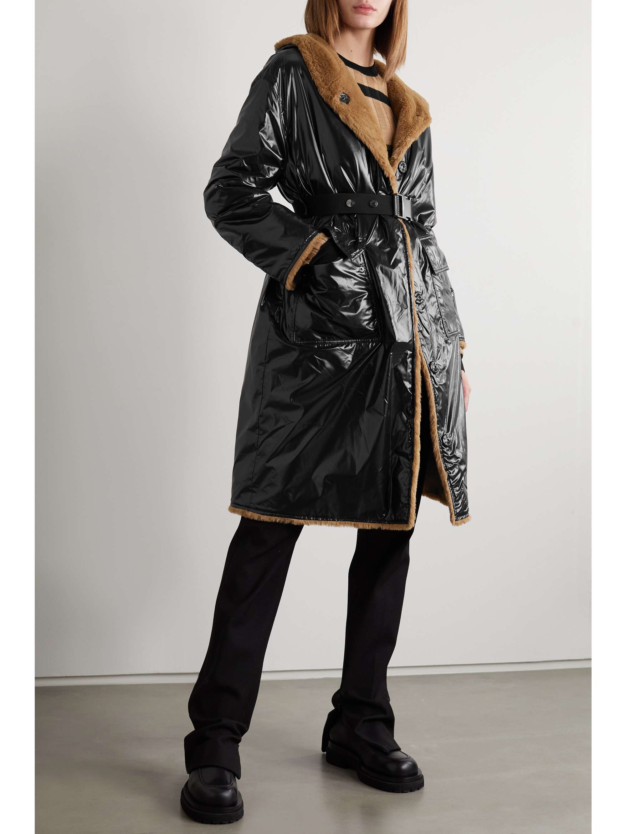 MONCLER Actee reversible hooded belted glossed-shell and faux shearling coat