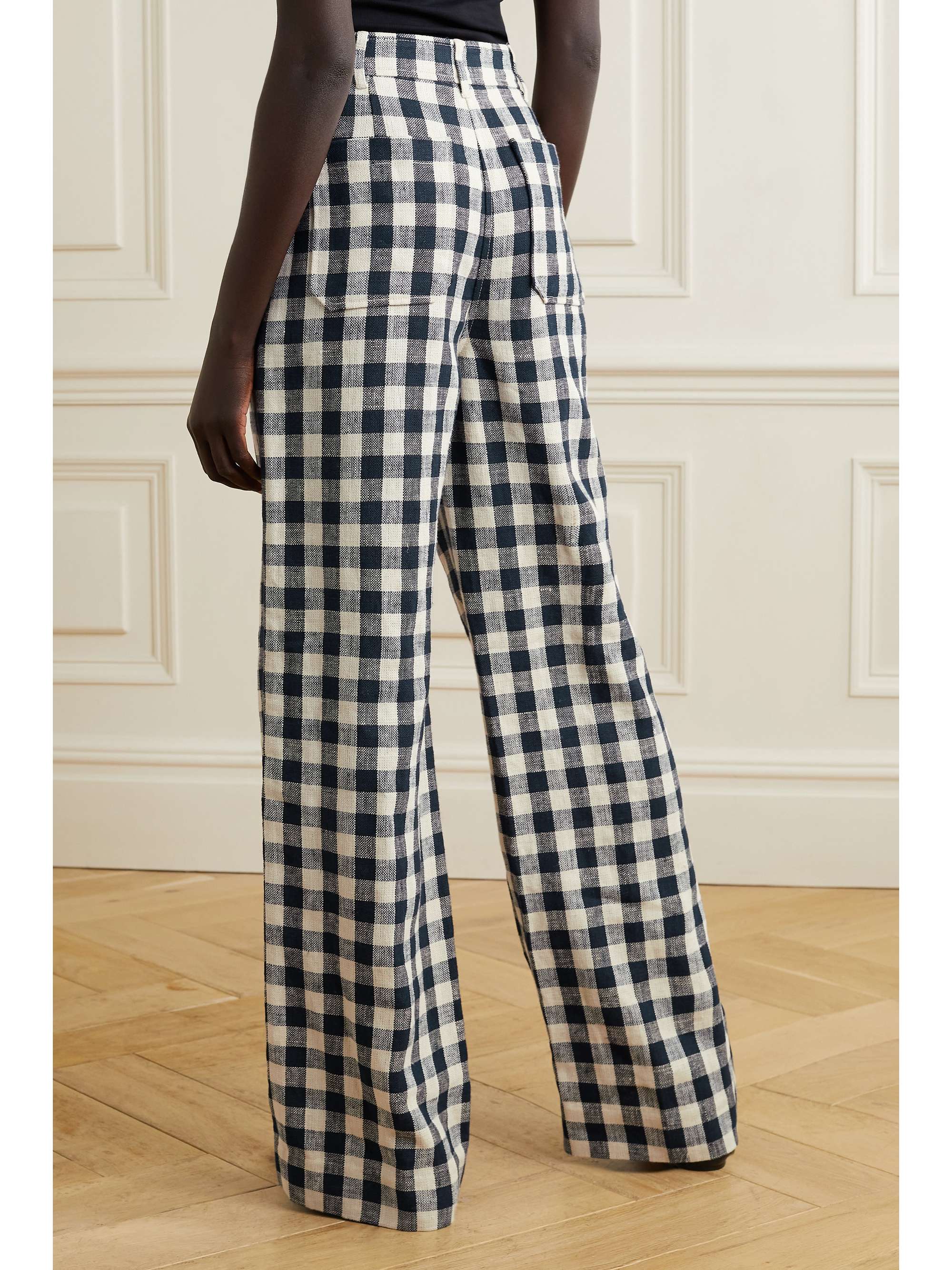 Navy Gingham linen wide-leg pants 