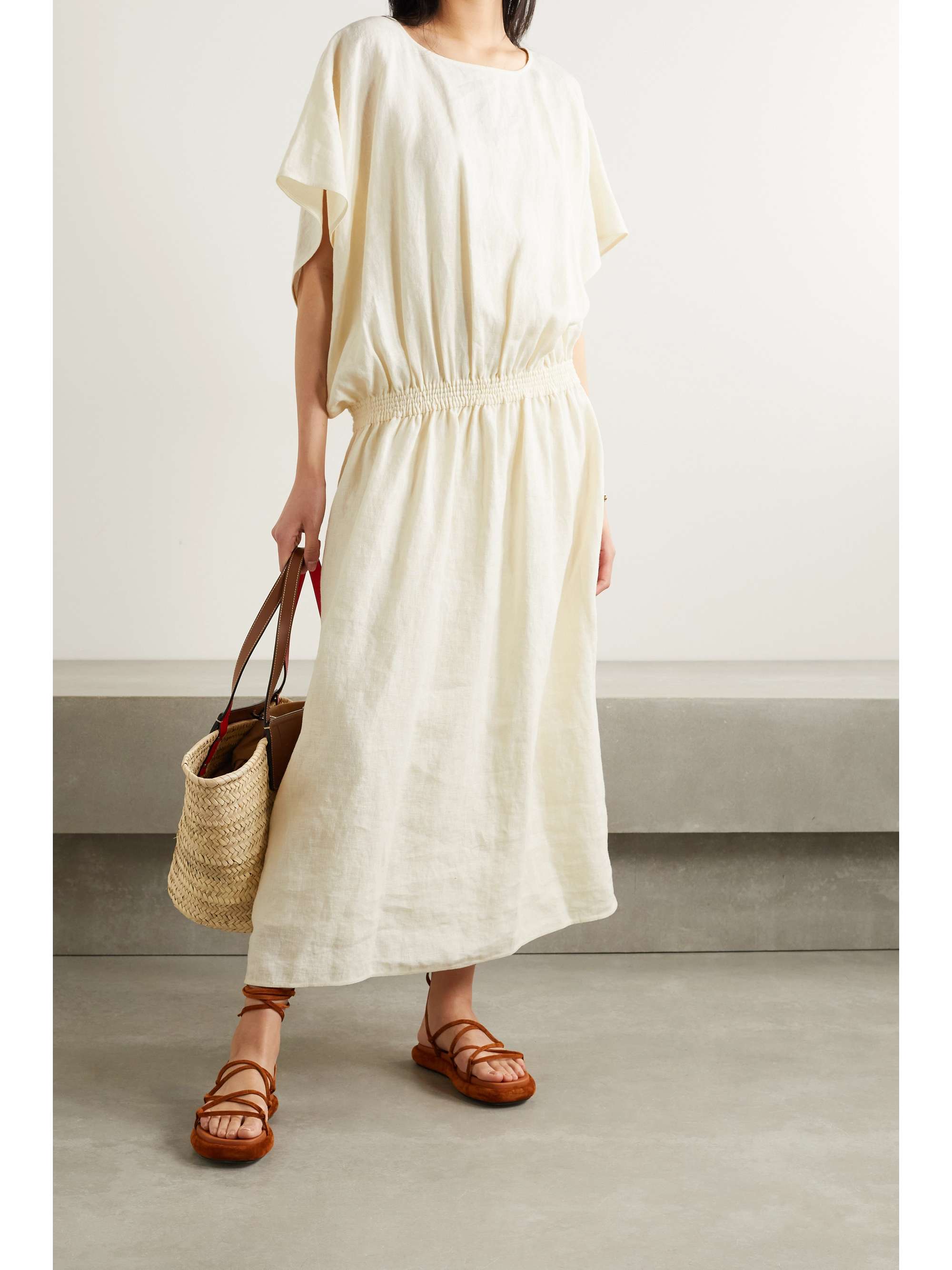 Cream Shirred linen maxi dress | TORY ...