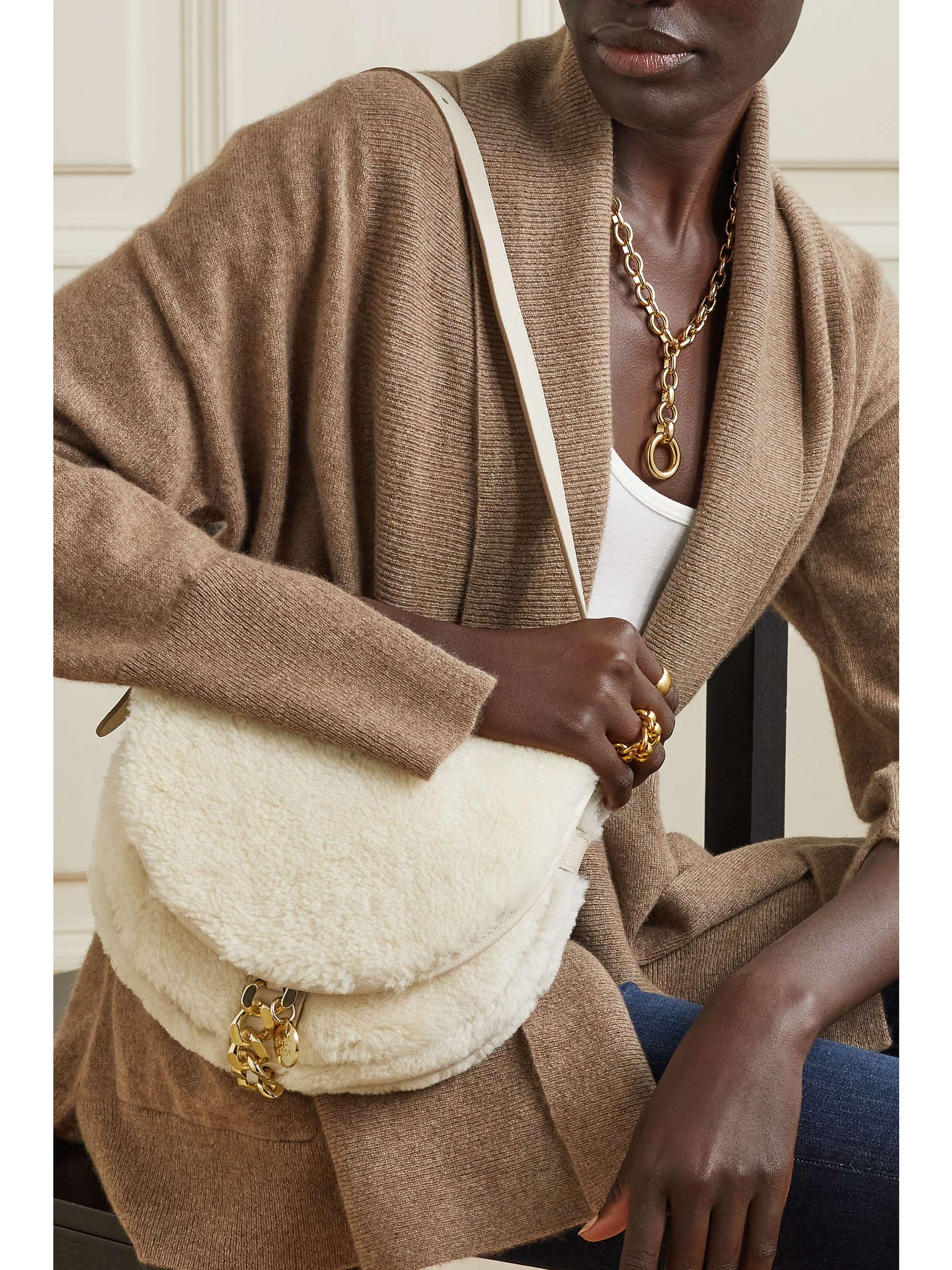 SEE BY CHLOÉ Mara chain-embellished shearling and textured-leather shoulder bag