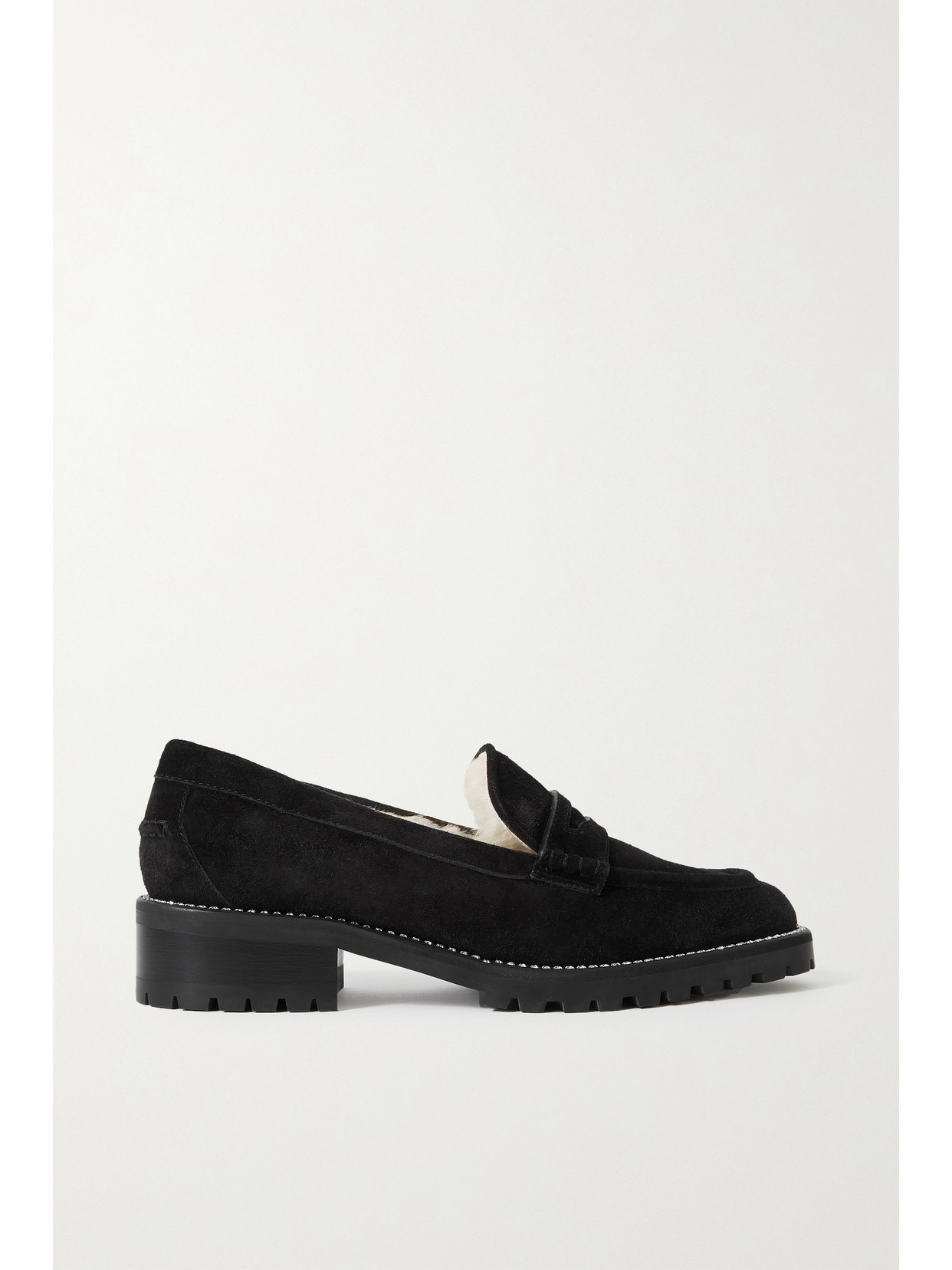 Shop Jimmy Choo Deanna Crystal-embellished Shearling-lined Suede Loafers In Black