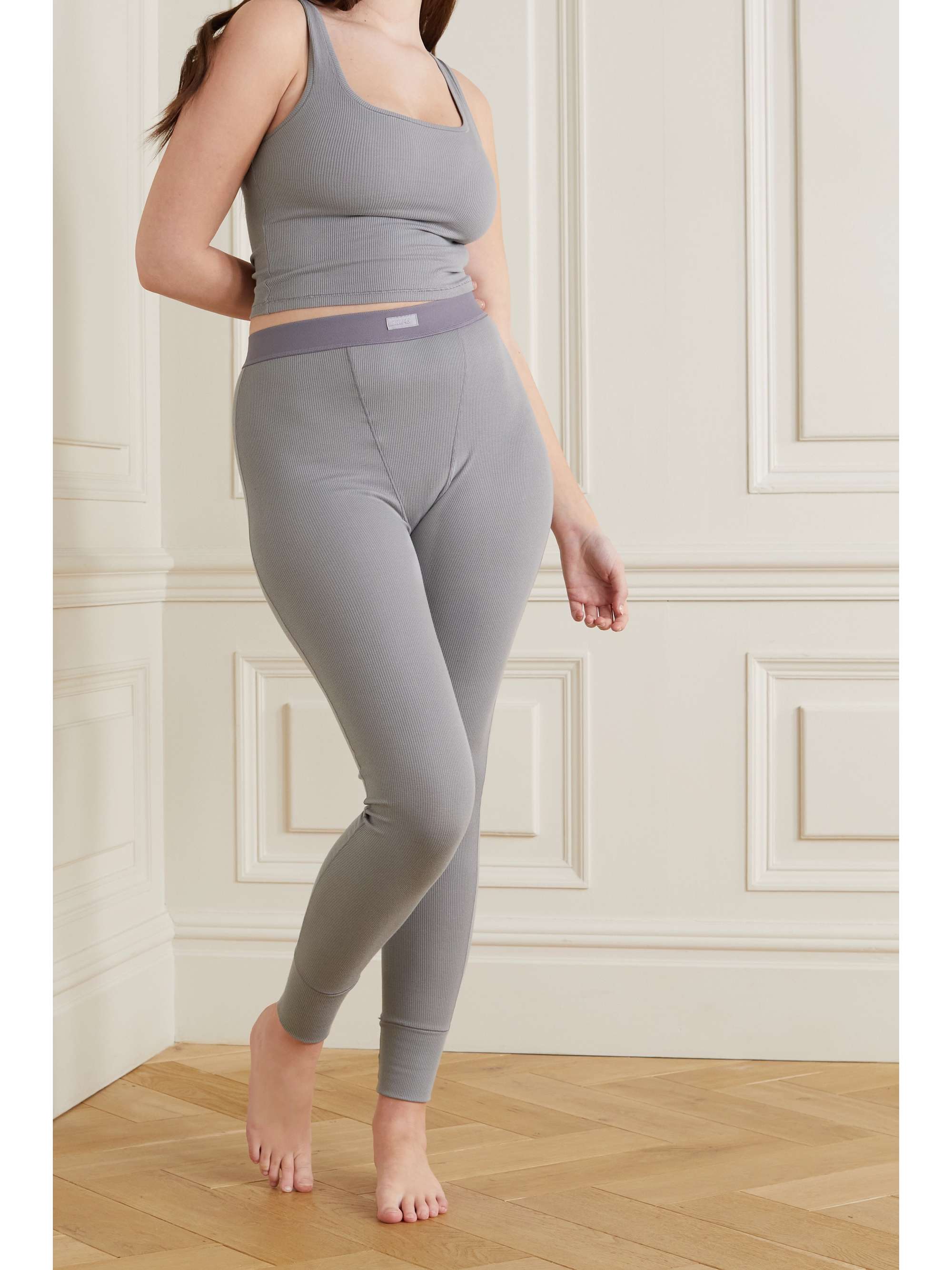 SKIMS Cotton Collection ribbed cotton-blend jersey leggings - Pacific |  NET-A-PORTER