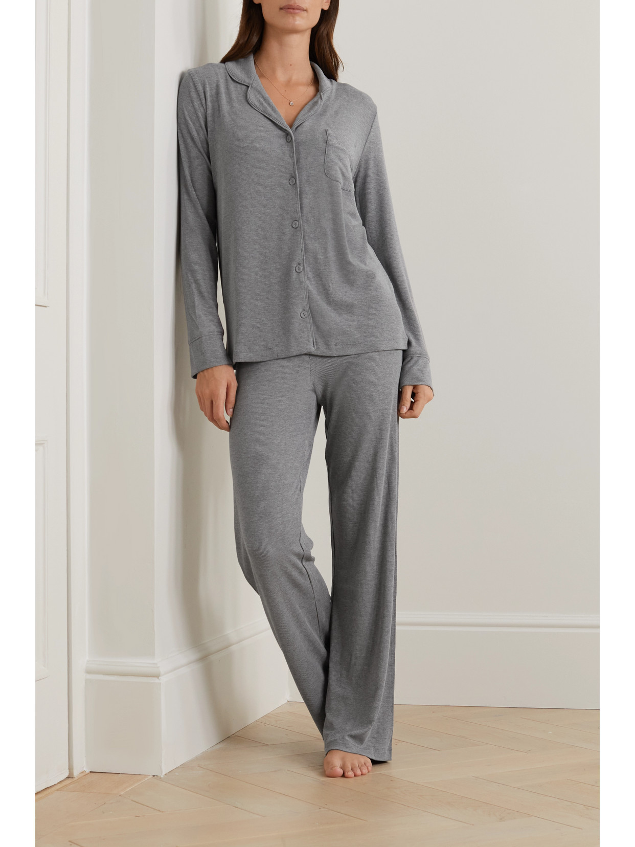 Shop Skims Ribbed Stretch-modal Jersey Lounge Set In Gray