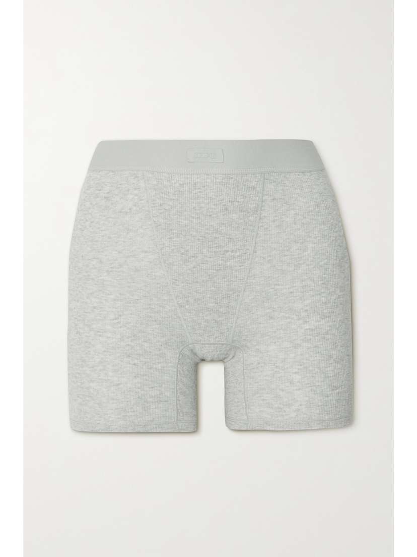 Skims Cotton Collection Ribbed Cotton-blend Jersey Boxer Shorts - Light Heather Grey