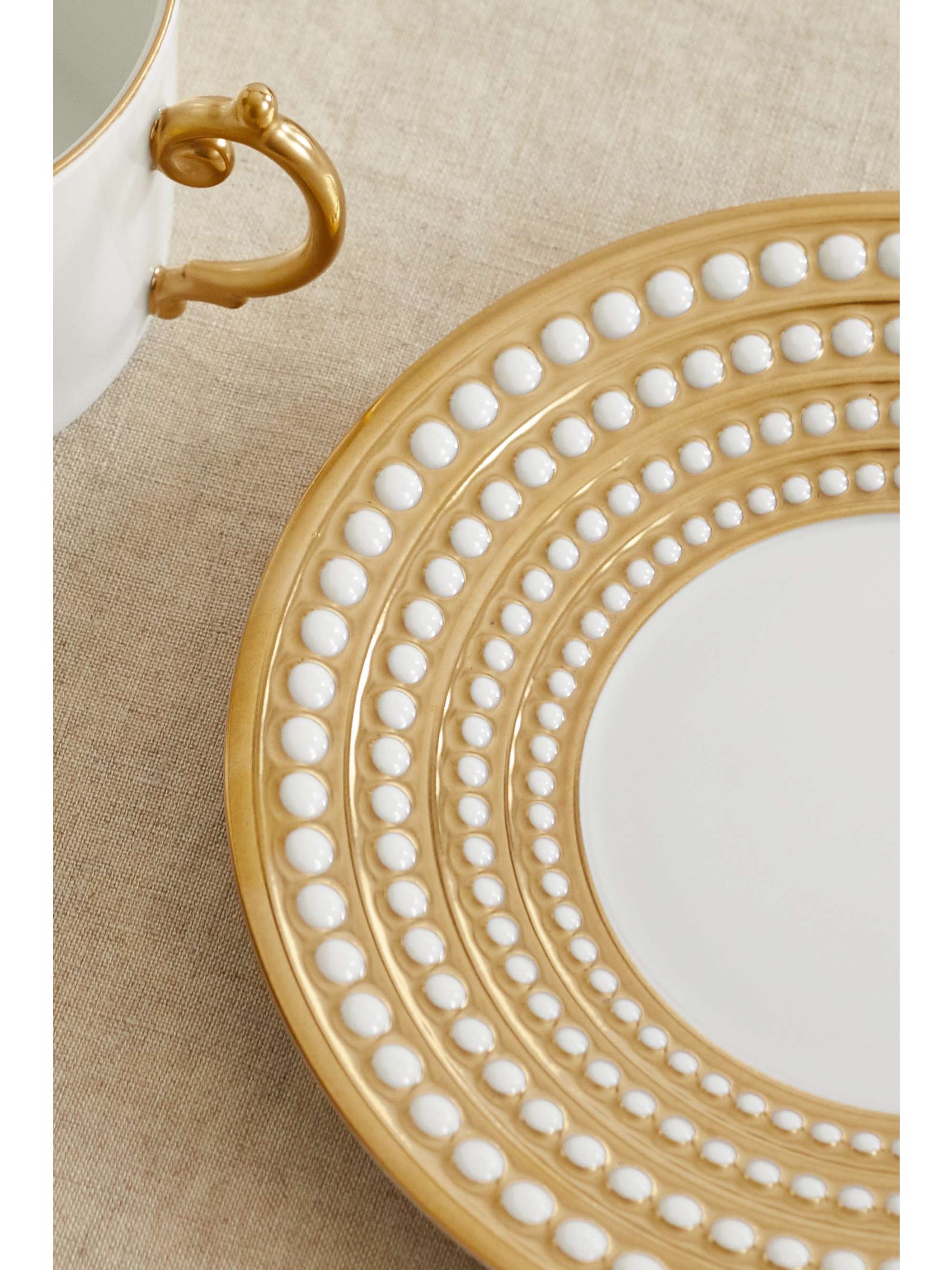 L'OBJET Perlée set of two gold-plated porcelain teacup and saucers