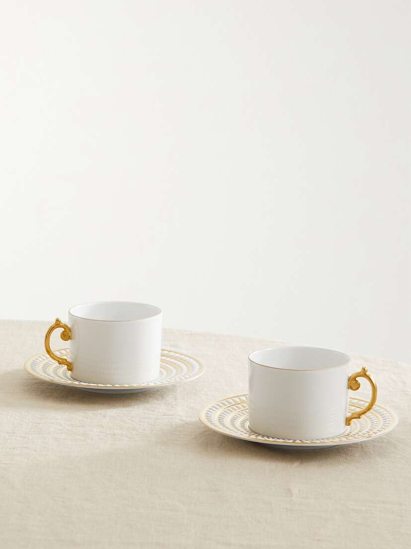 L'Objet Perlée Set Of Two Gold-plated Porcelain Teacup And Saucers