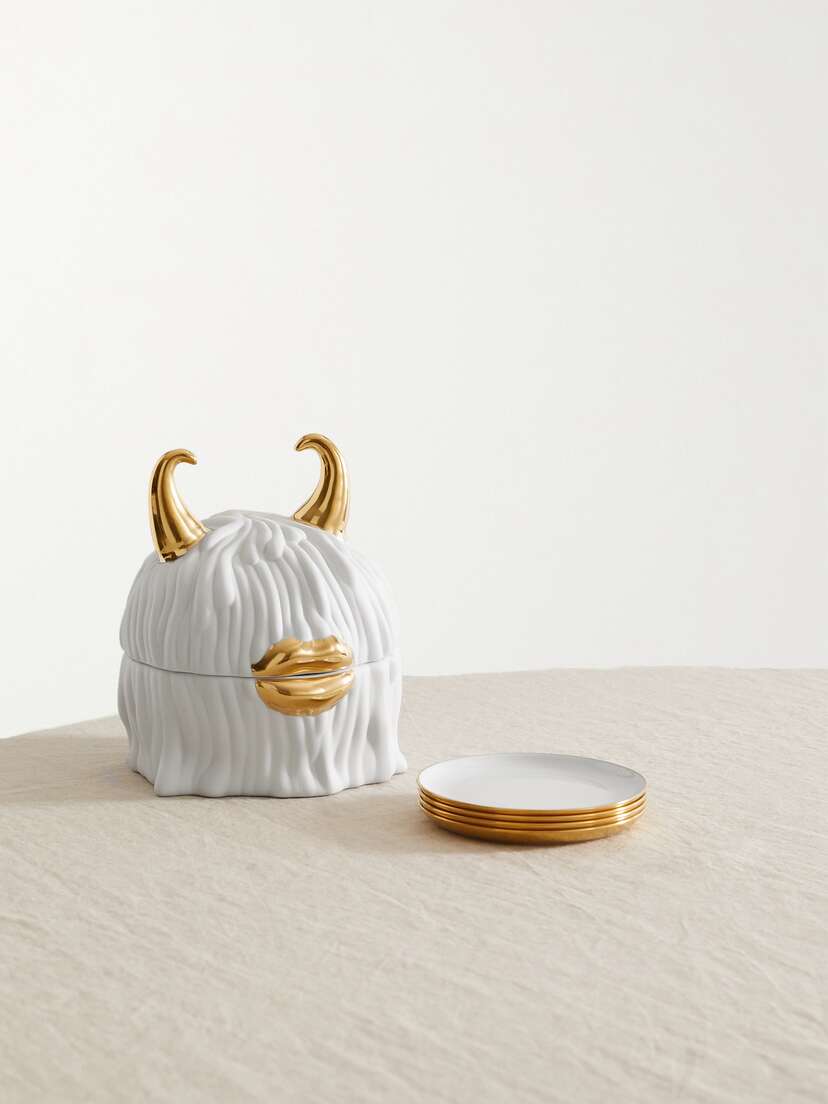 L'Objet + Haas Brothers Mojave Lynda 17cm Box And Set Of Four 11cm Gold-plated Porcelain Plates