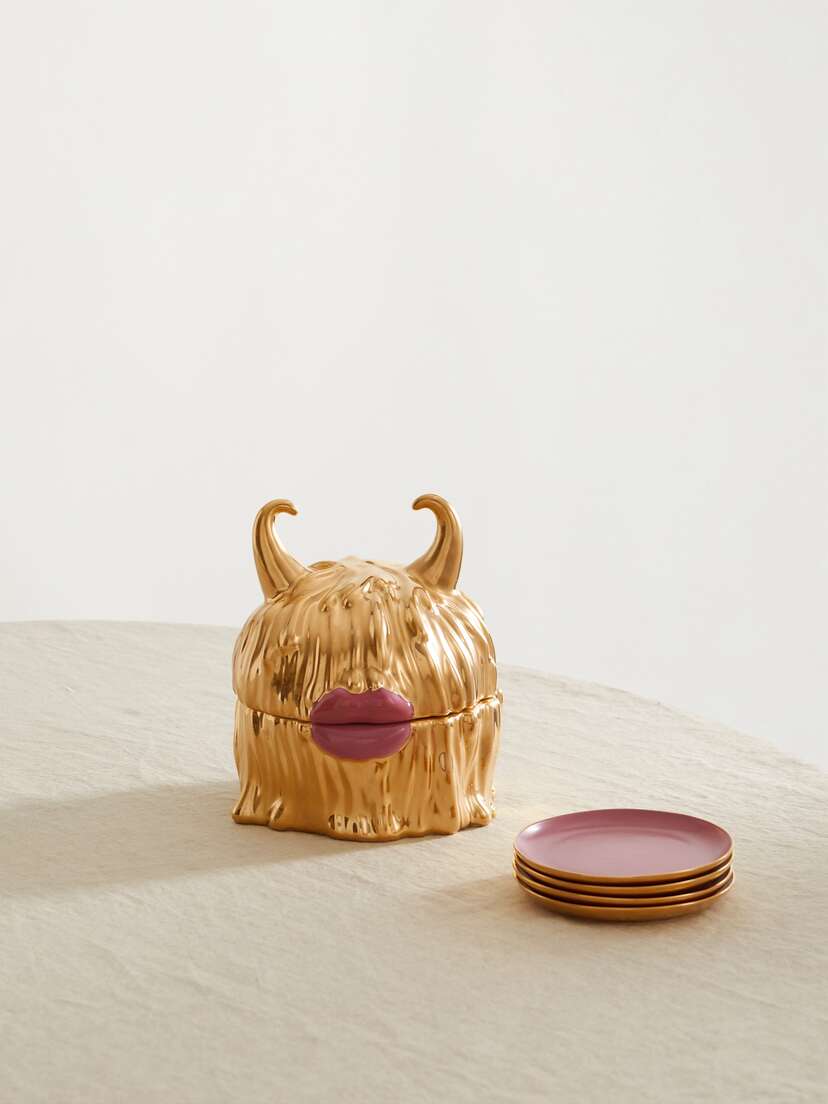 L'Objet + Haas Brothers Mojave Lynda 17cm Box And Set Of Four 11cm Gold-plated Porcelain Plates