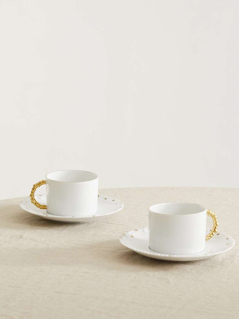 L'Objet + Haas Brothers Mojave Set Of Two Gold-plated Porcelain Tea Cups And Saucers