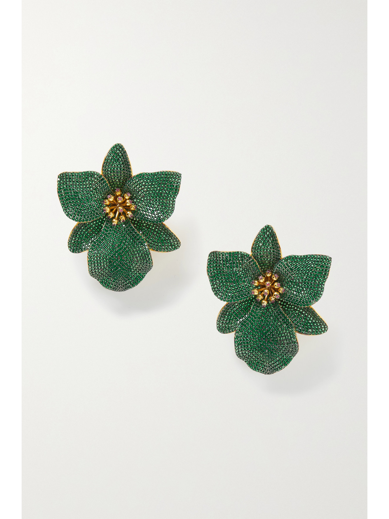 Begüm Khan - Singapore Orchids Gold-plated Crystal Clip Earrings - Green