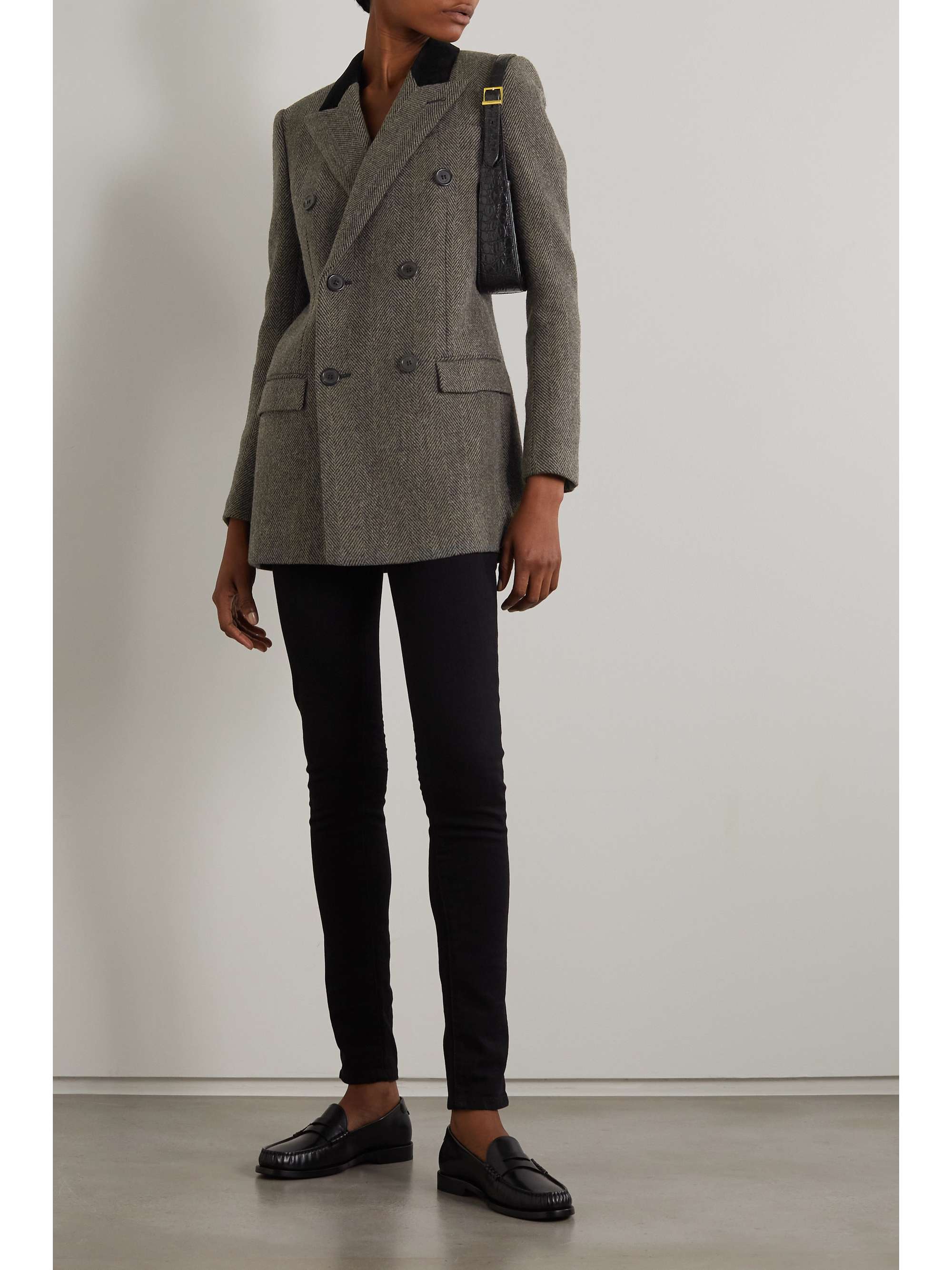 SAINT LAURENT Double-breasted velvet-trimmed herringbone wool blazer