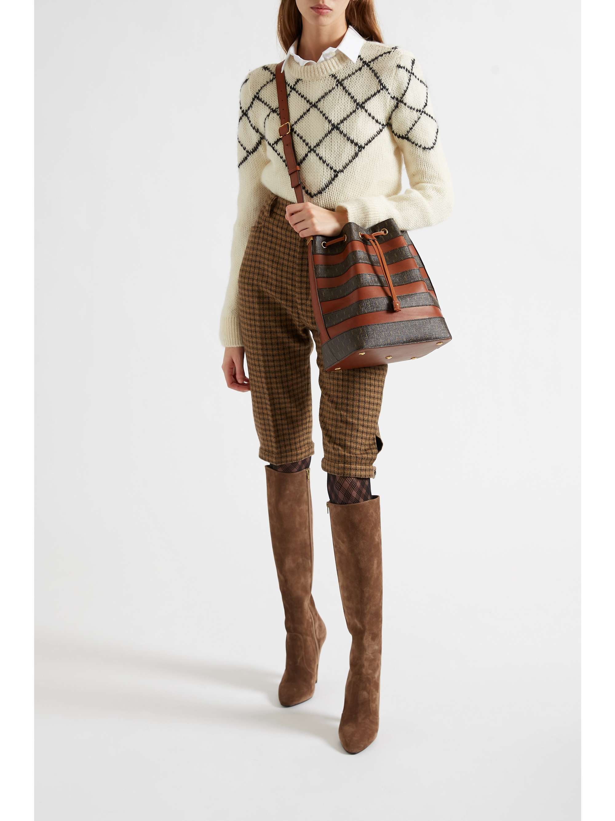 SAINT LAURENT Checked open-knit wool-blend sweater