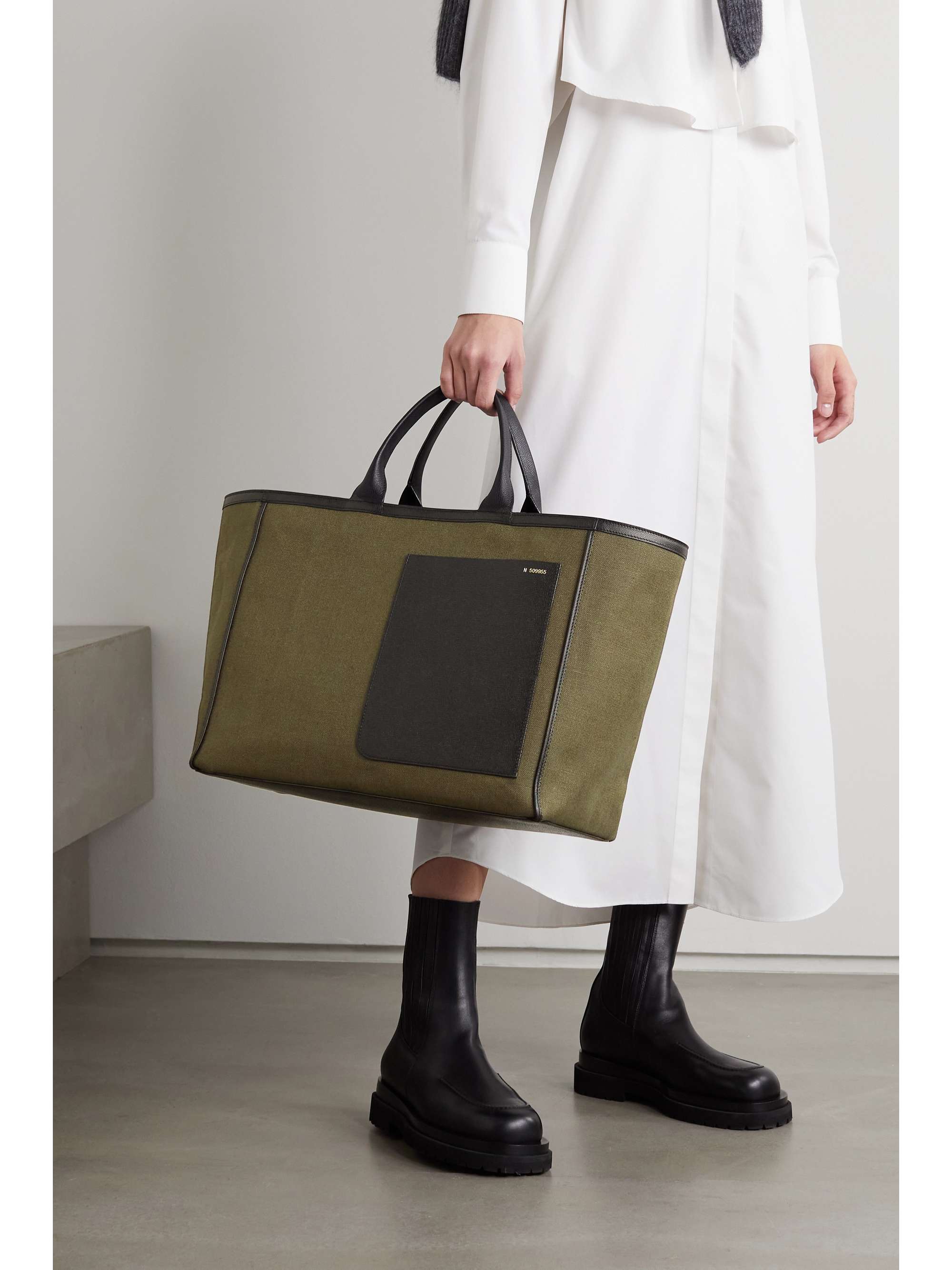 VALEXTRA Shopping two-tone leather-trimmed canvas tote